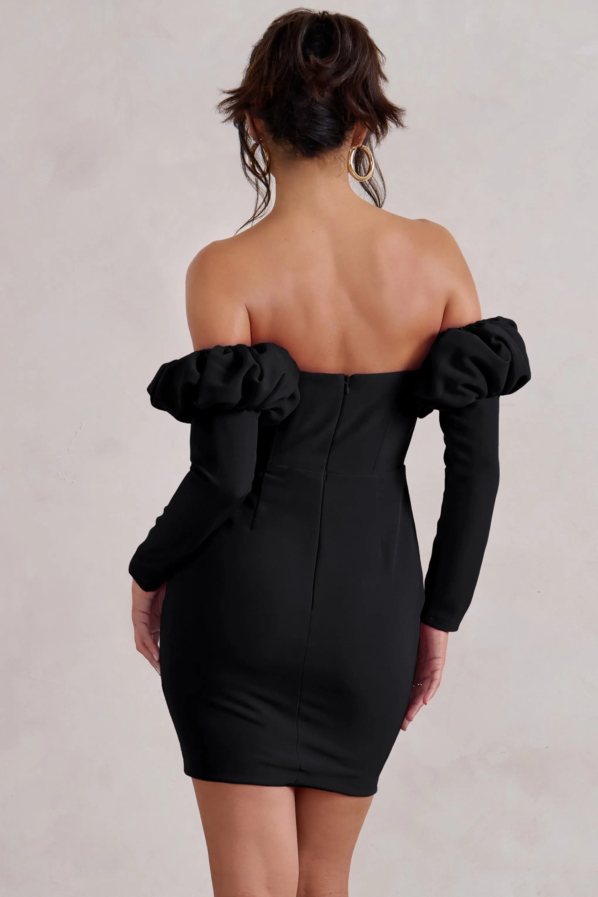 Laurie | Black Bardot Puff  Long Sleeve Mini Dress Club L London
