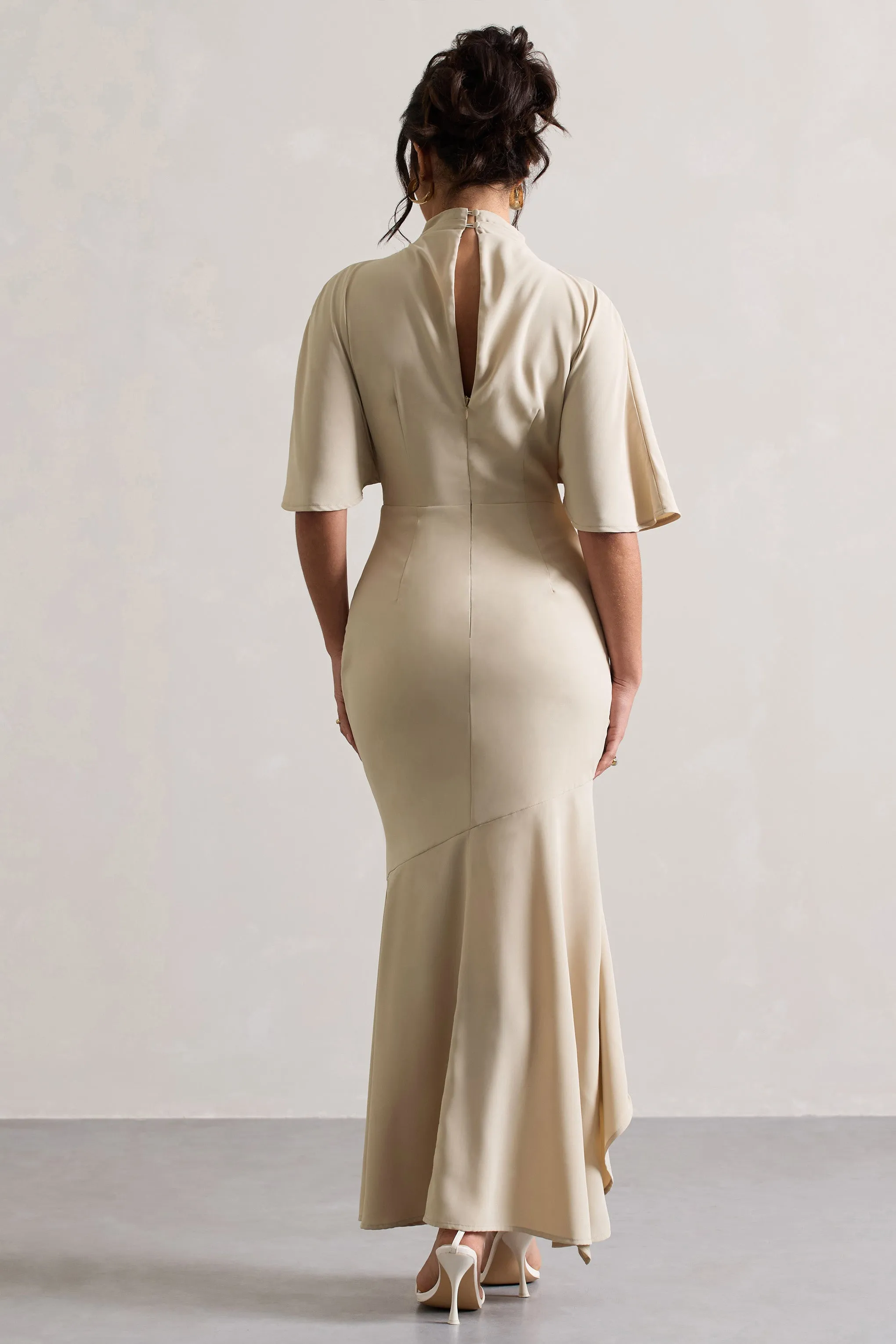 Lavinia | Champagne High-Neck Flutter-Sleeve Asymmetric Maxi Dress Club L London