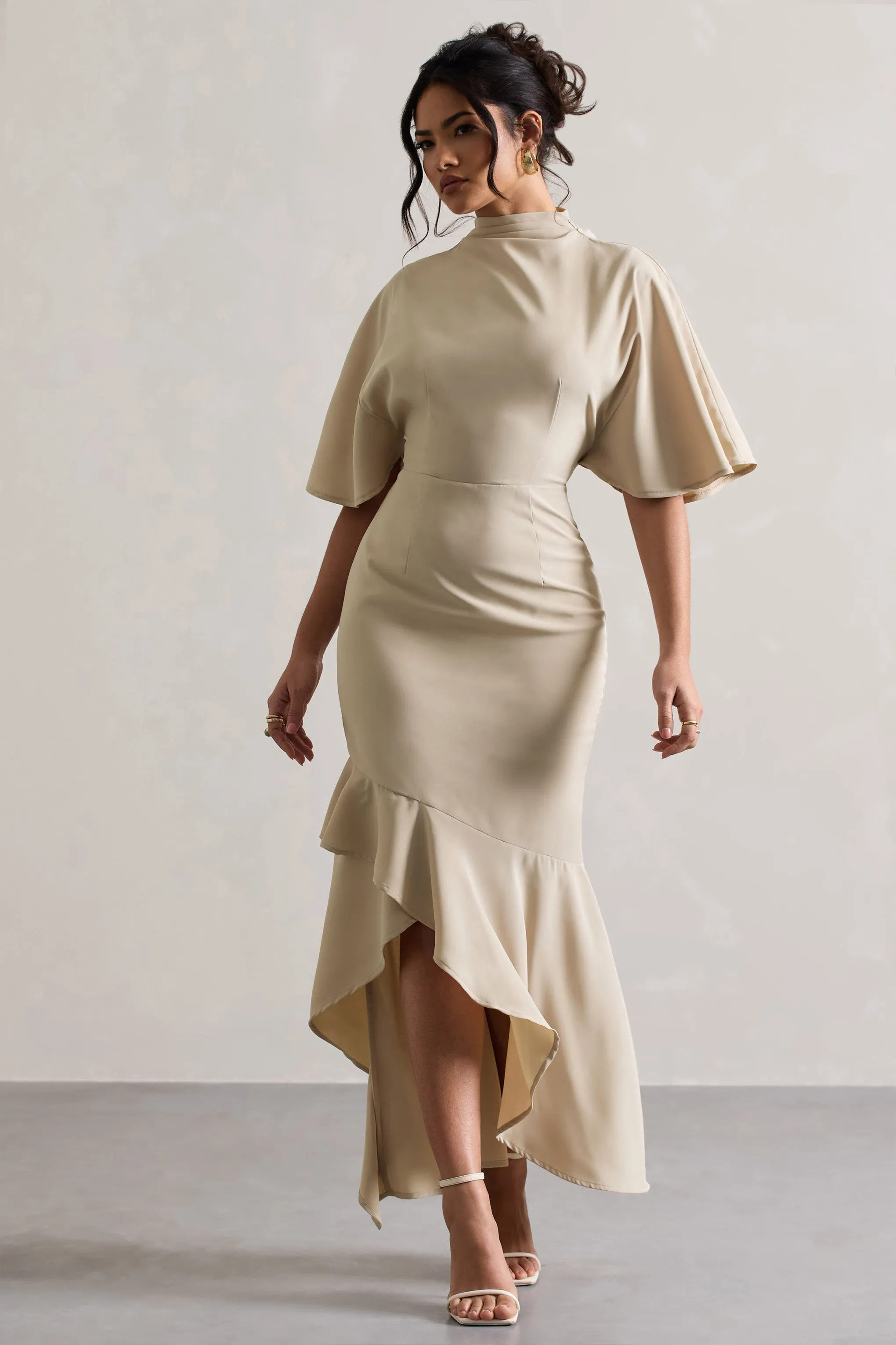 Lavinia | Champagne High-Neck Flutter-Sleeve Asymmetric Maxi Dress Club L London