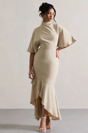 Lavinia | Champagne High-Neck Flutter-Sleeve Asymmetric Maxi Dress Club L London