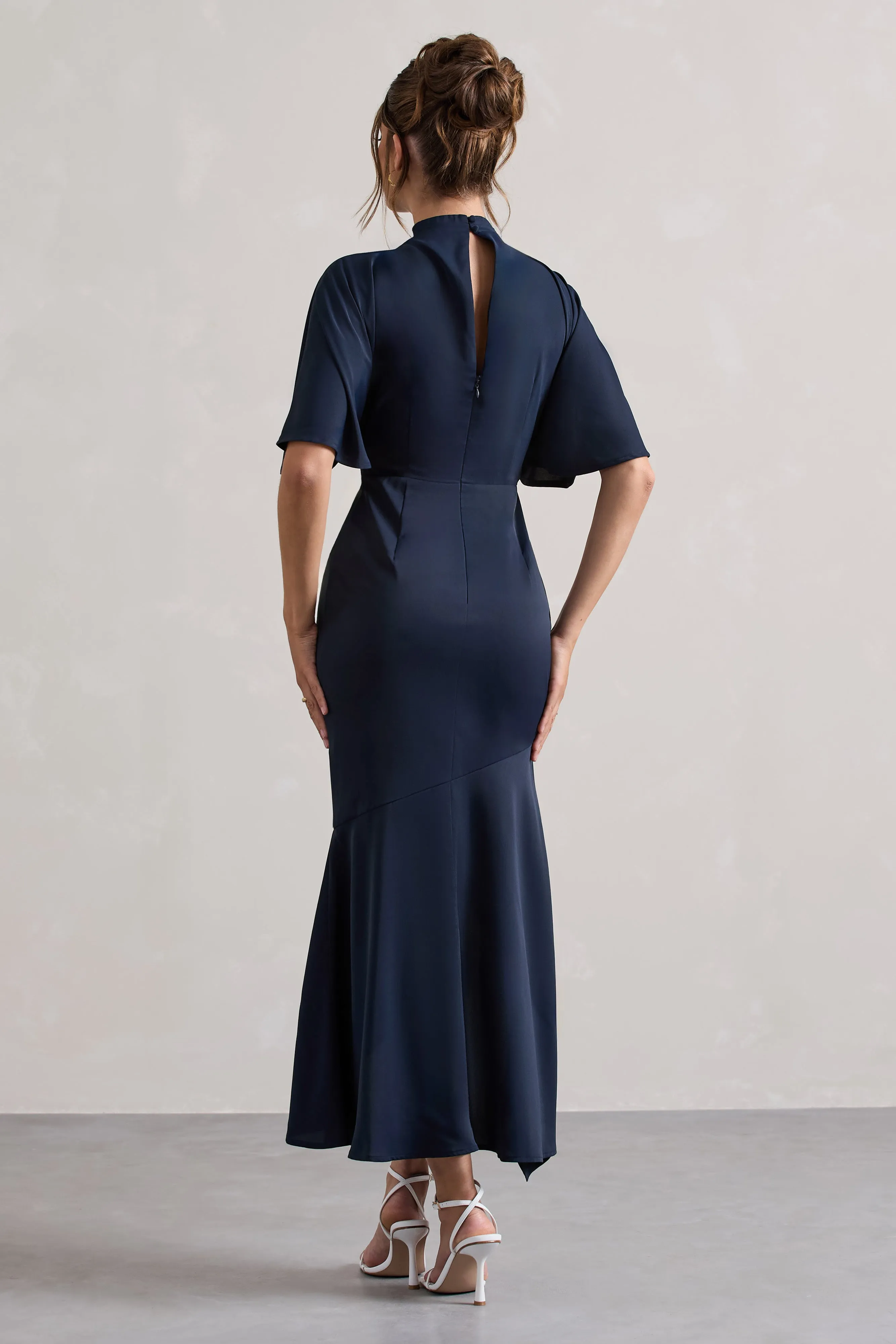 Lavinia | Navy High-Neck Flutter-Sleeve Asymmetric Maxi Dress Club L London