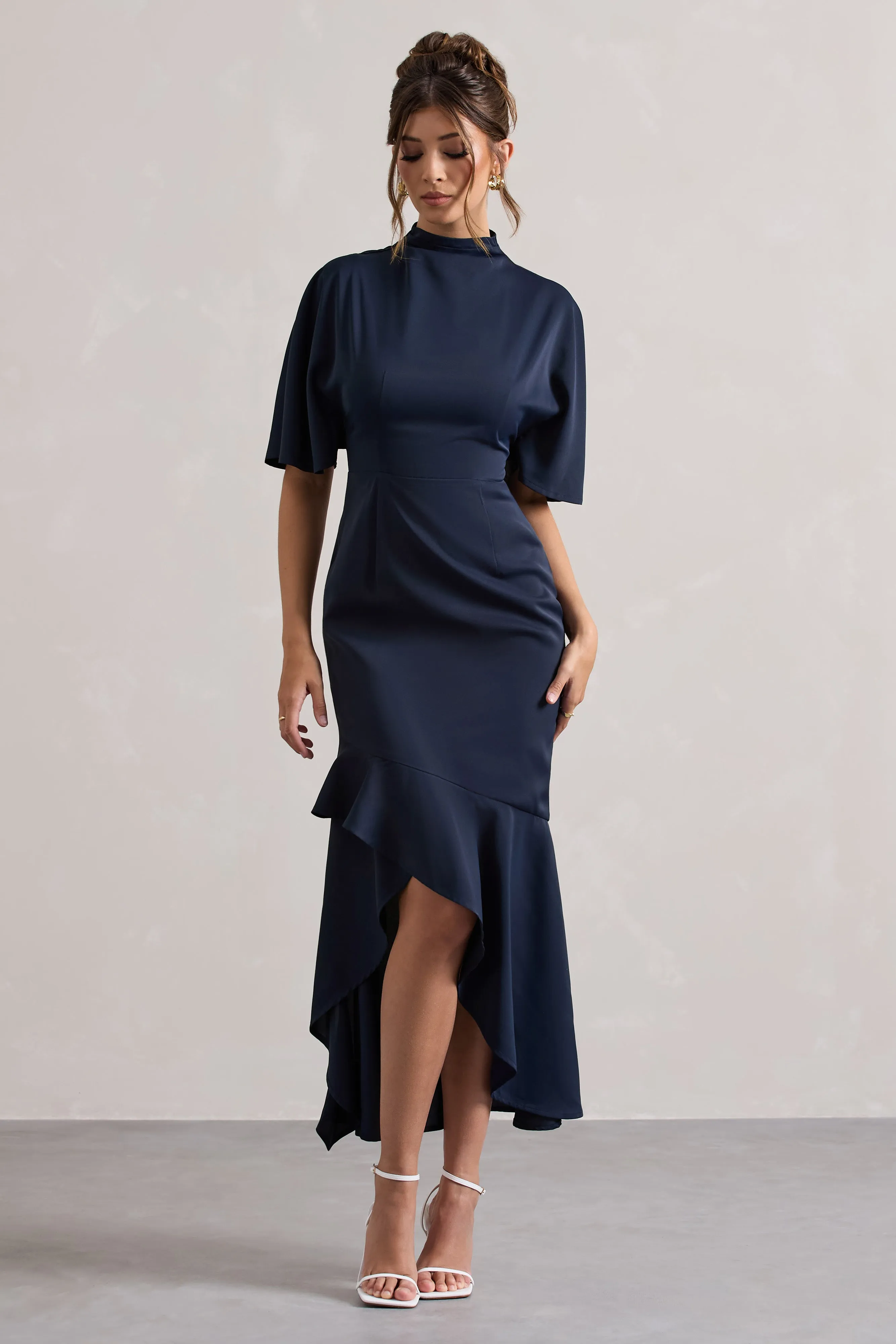 Lavinia | Navy High-Neck Flutter-Sleeve Asymmetric Maxi Dress Club L London