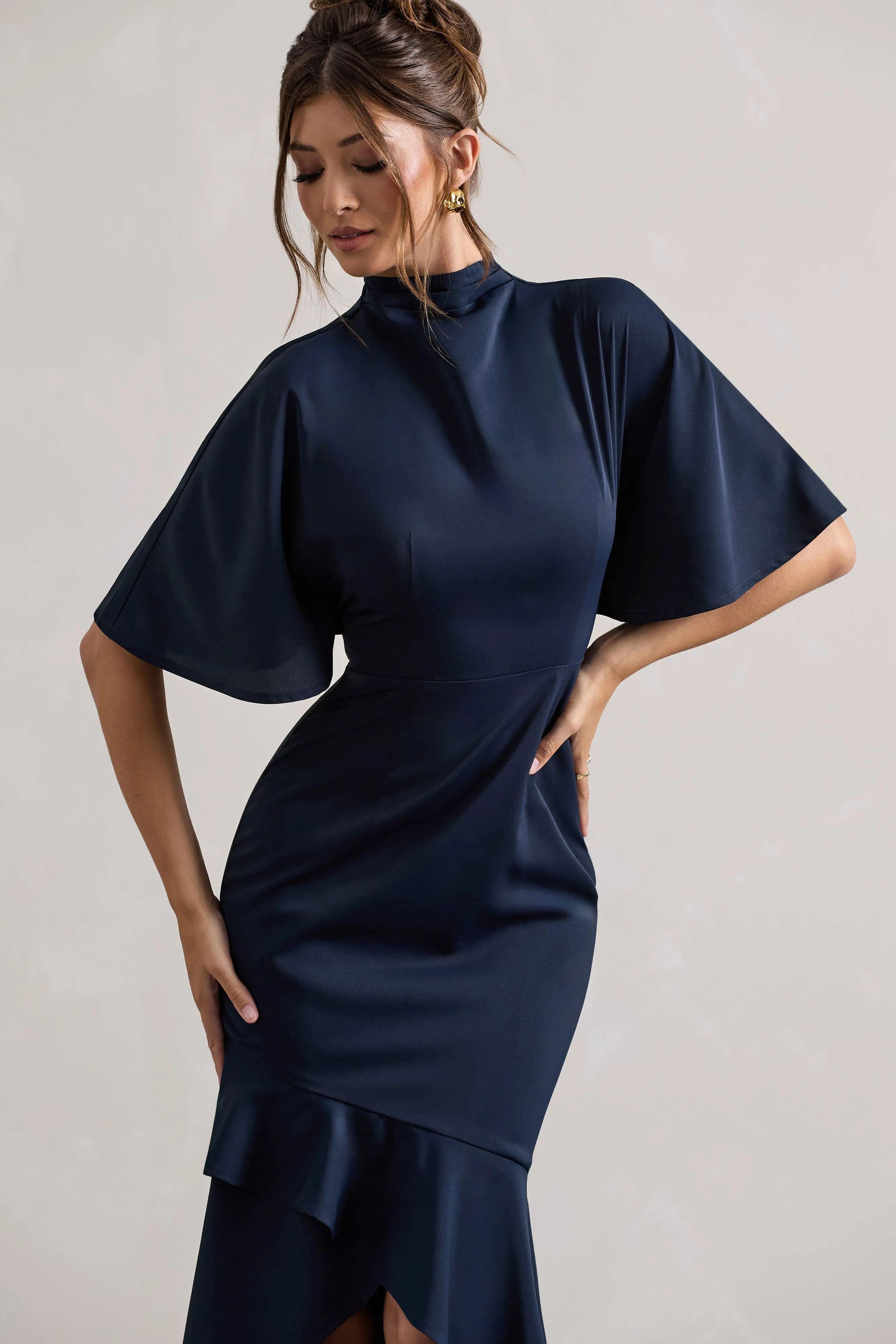 Lavinia | Navy High-Neck Flutter-Sleeve Asymmetric Maxi Dress Club L London