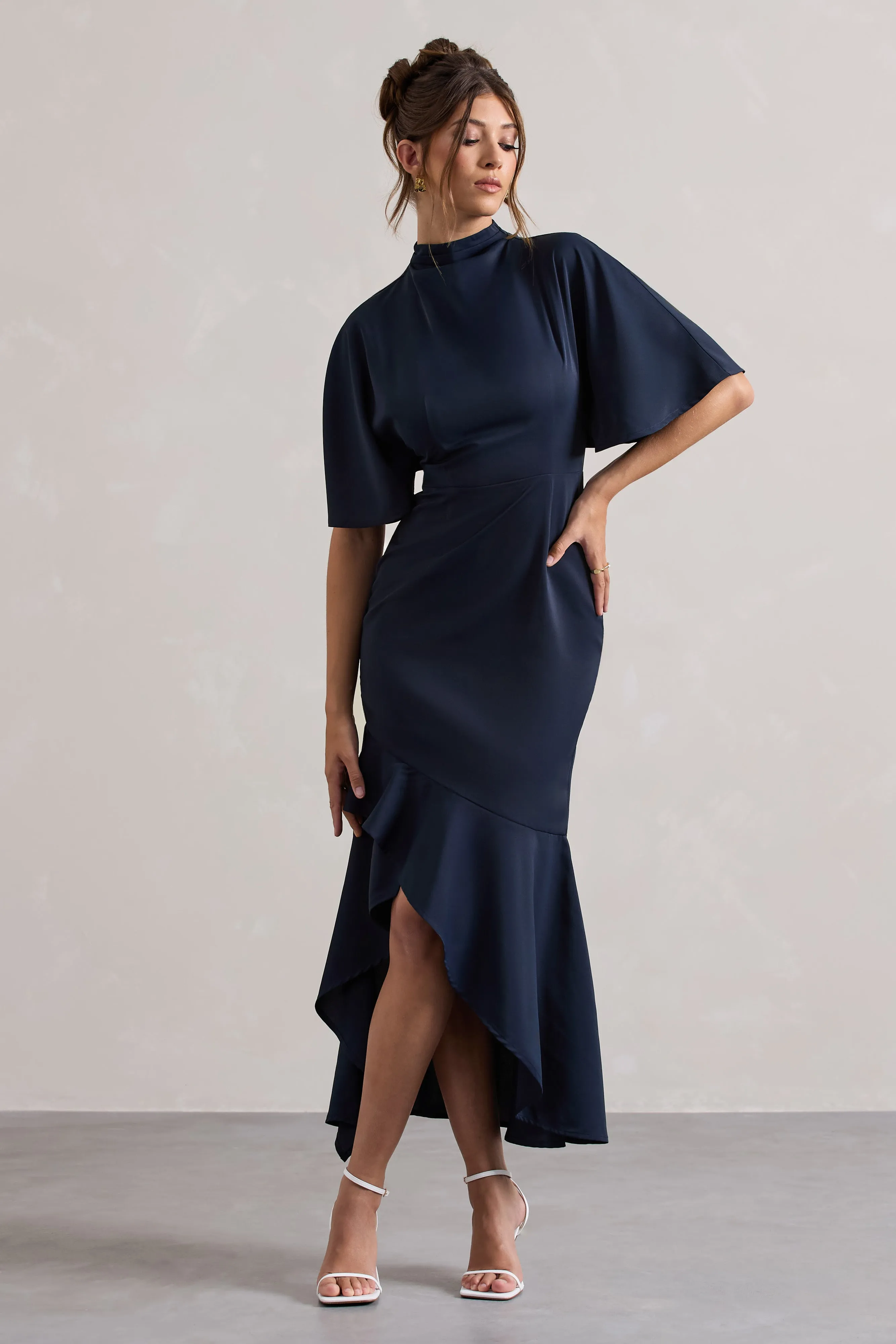 Lavinia | Navy High-Neck Flutter-Sleeve Asymmetric Maxi Dress Club L London