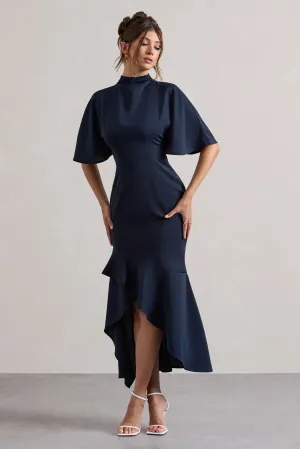 Lavinia | Navy High-Neck Flutter-Sleeve Asymmetric Maxi Dress Club L London