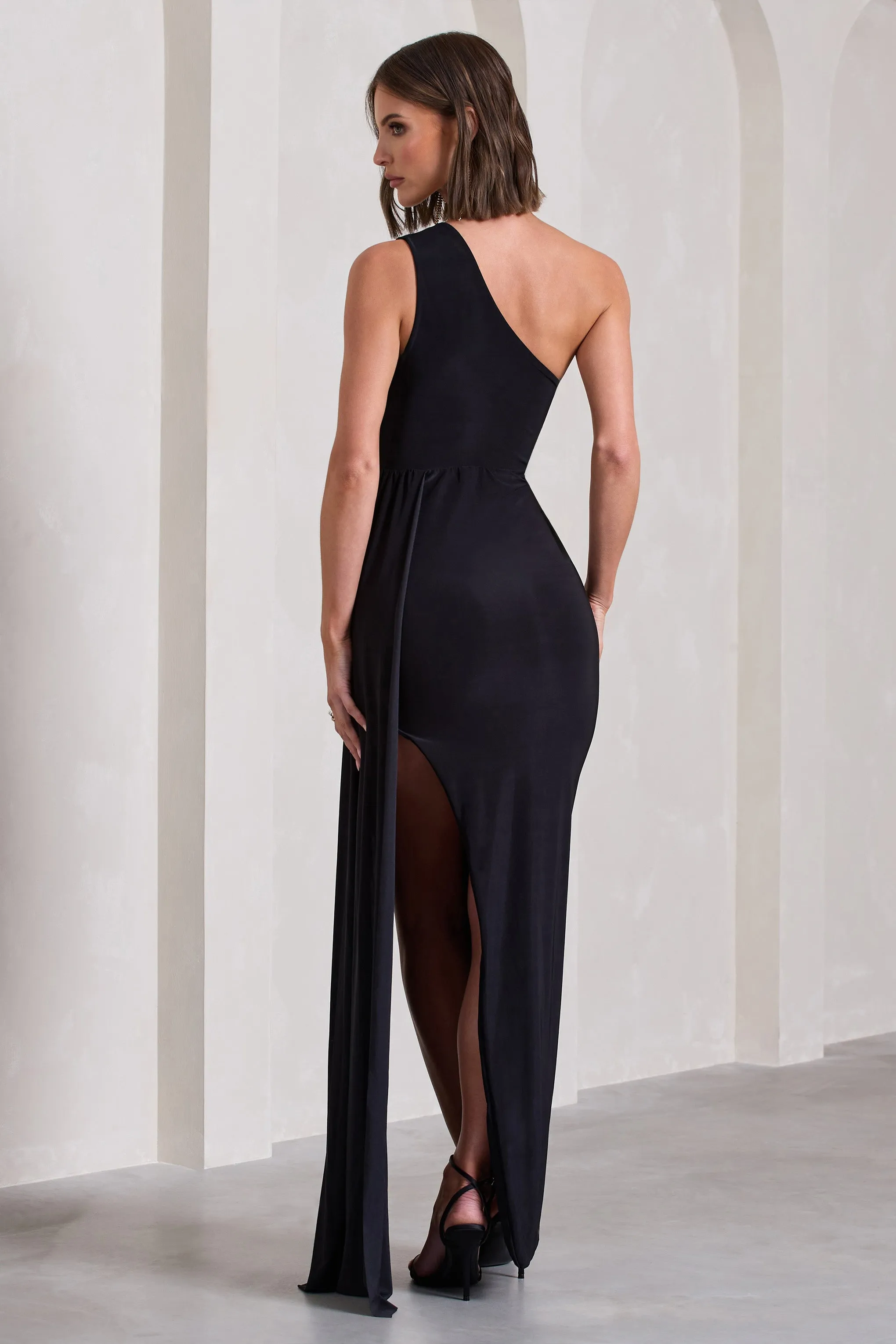 Lavish | Black One Shoulder Drape Maxi Dress Club L London