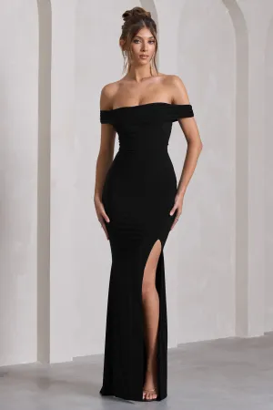 Law of Attraction | Black Bardot Draped Split Maxi Dress Club L London