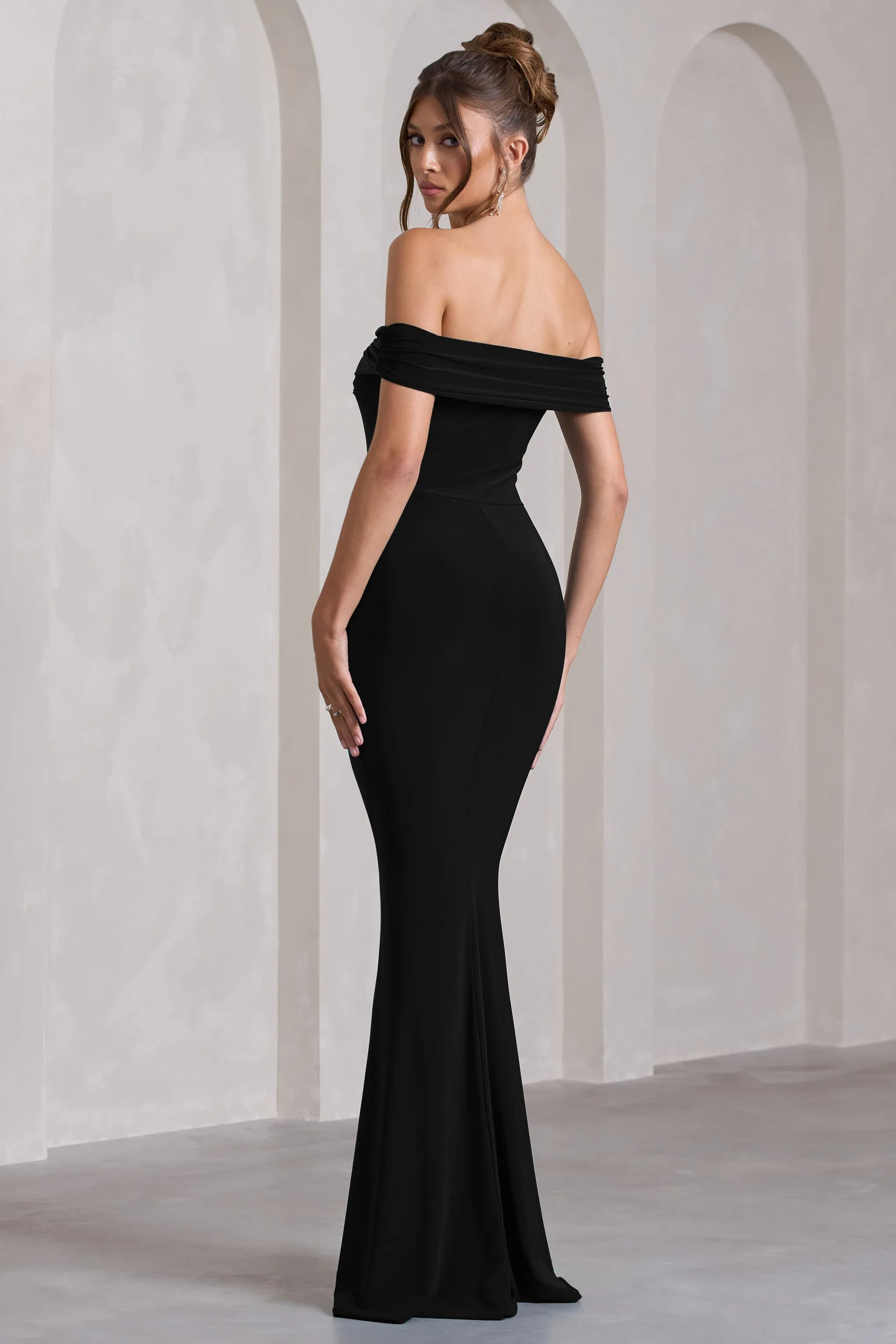 Law of Attraction | Black Bardot Draped Split Maxi Dress Club L London