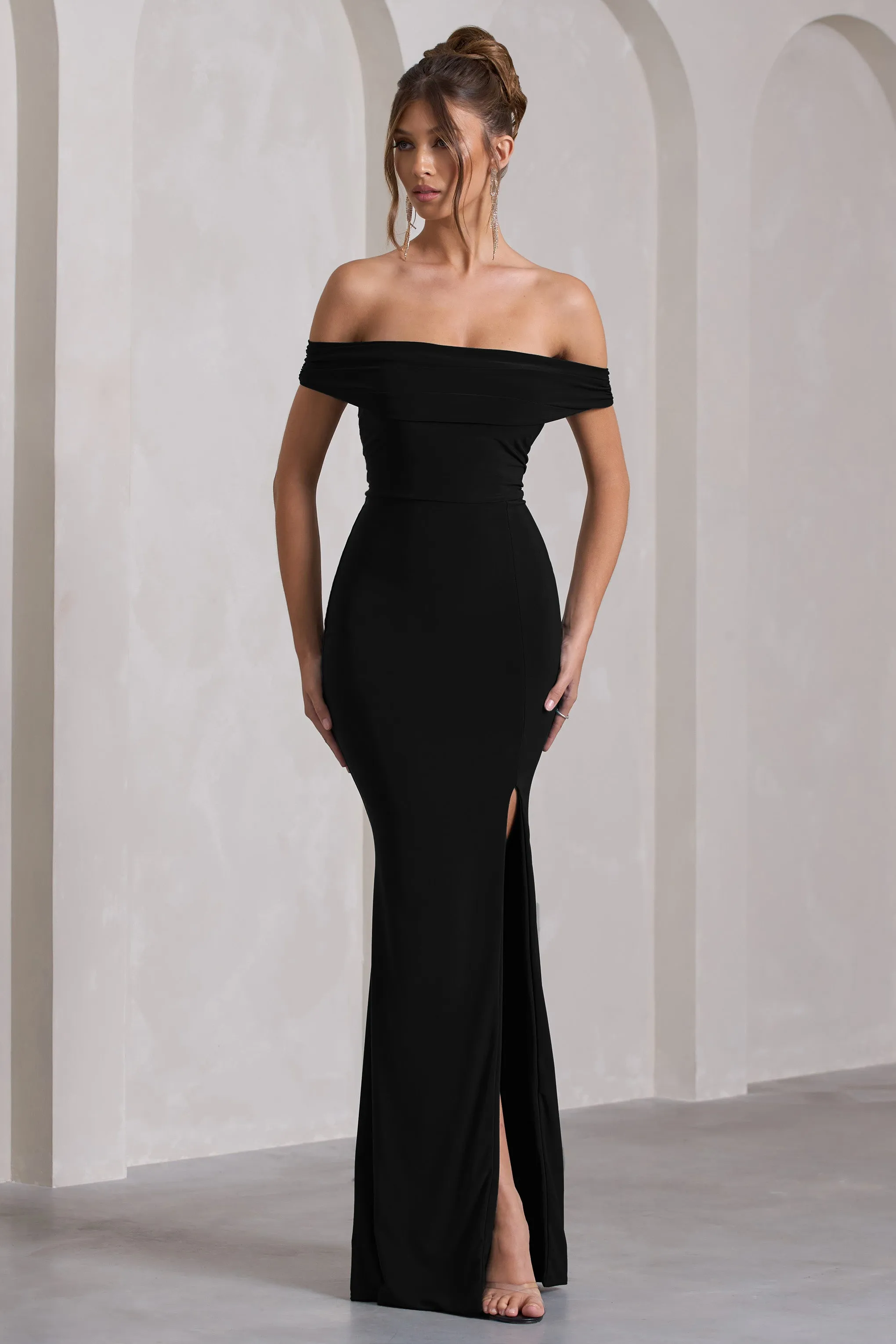 Law of Attraction | Black Bardot Draped Split Maxi Dress Club L London