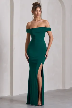 Law of Attraction | Bottle Green Bardot Draped Split Maxi Dress Club L London