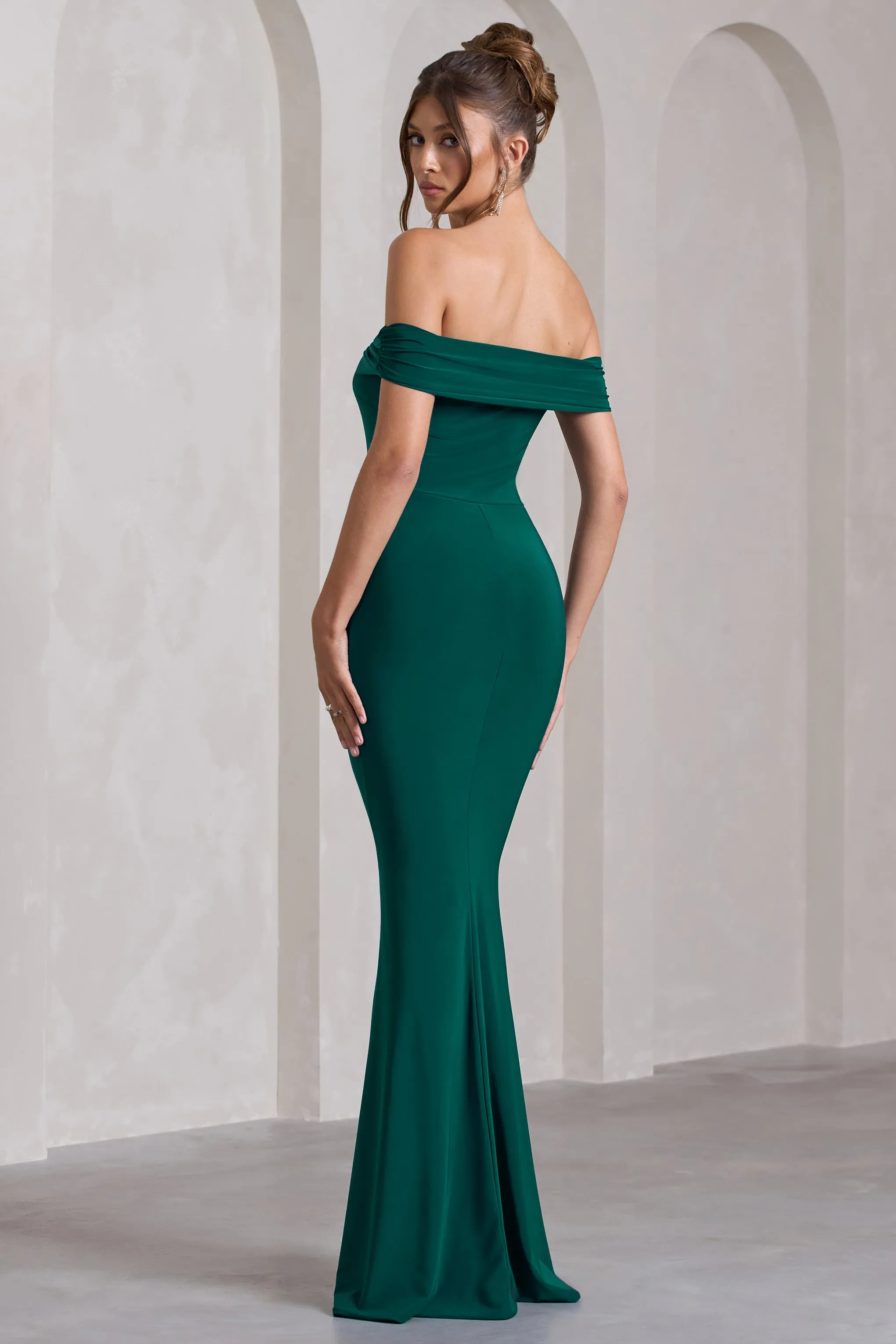 Law of Attraction | Bottle Green Bardot Draped Split Maxi Dress Club L London