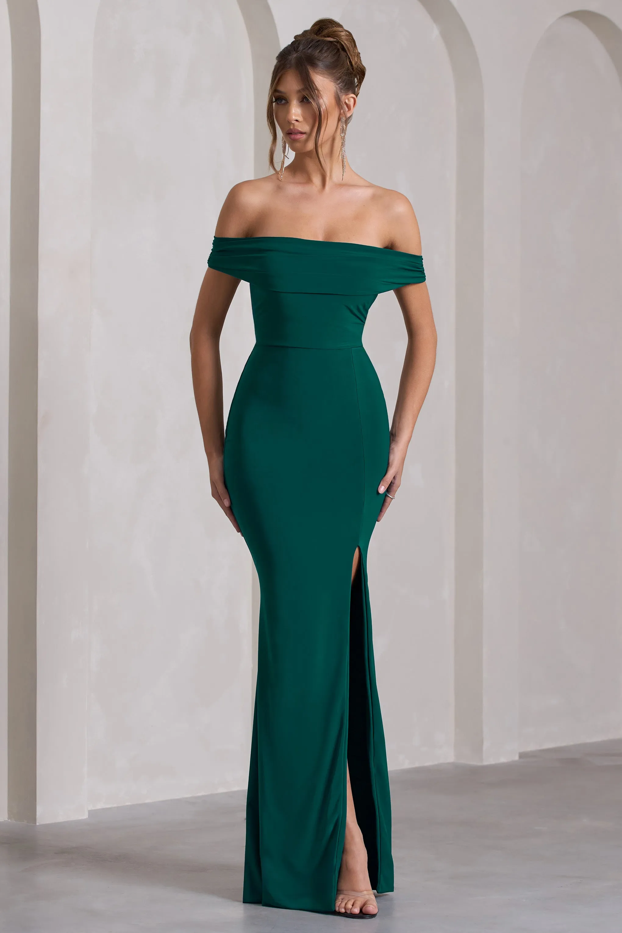 Law of Attraction | Bottle Green Bardot Draped Split Maxi Dress Club L London