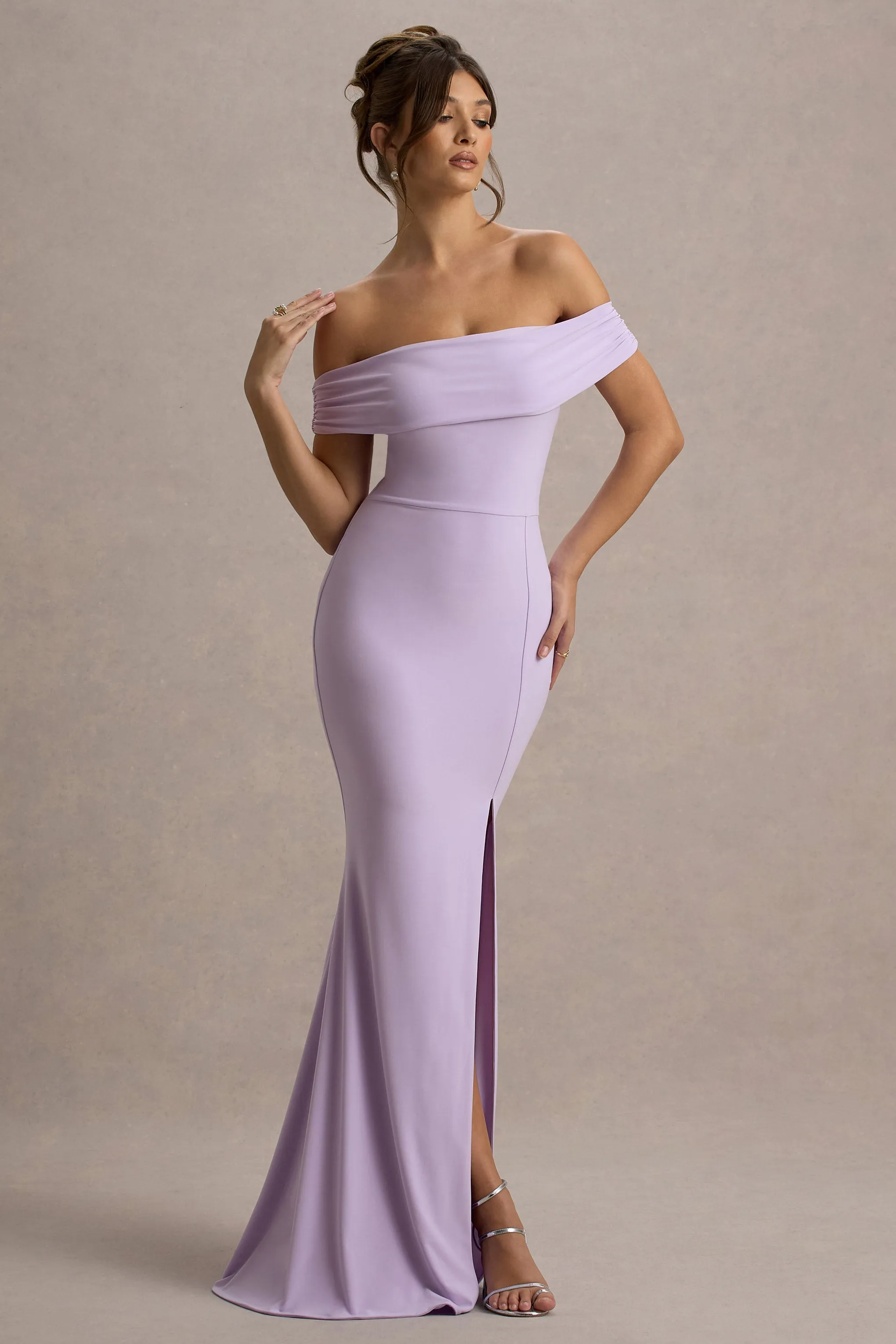 Law of Attraction | Lilac Bardot Draped Split Maxi Dress Club L London