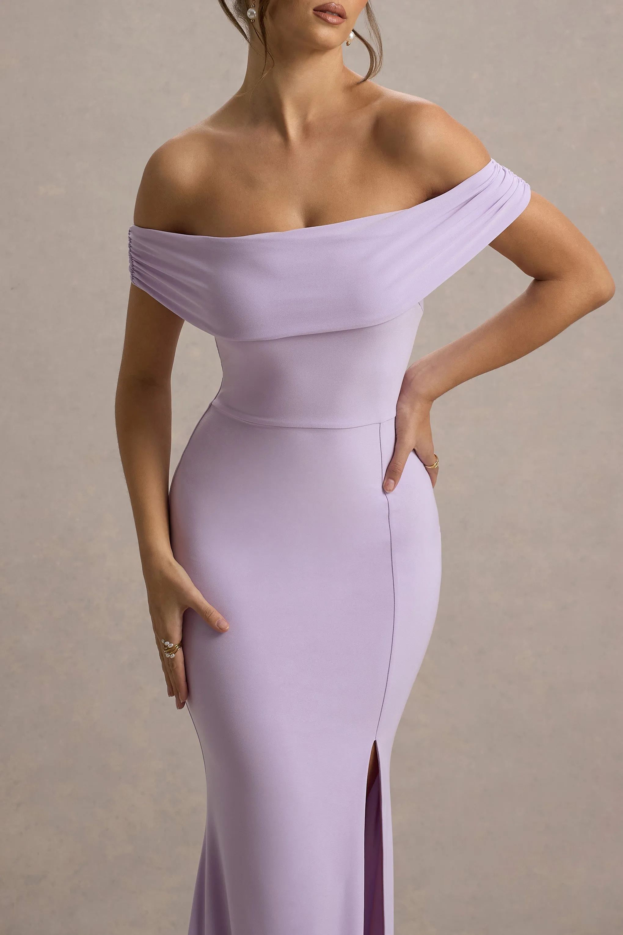 Law of Attraction | Lilac Bardot Draped Split Maxi Dress Club L London