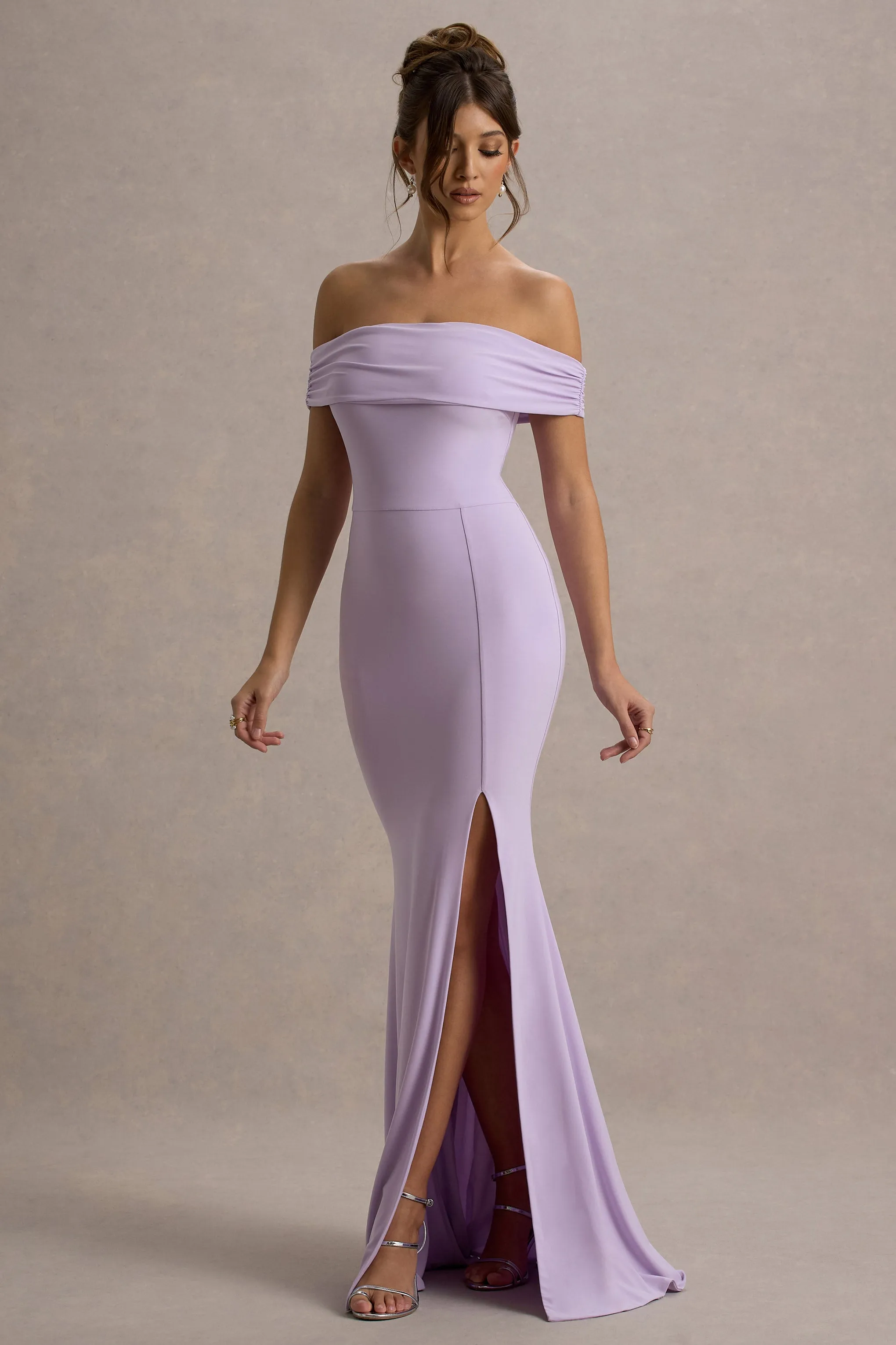 Law of Attraction | Lilac Bardot Draped Split Maxi Dress Club L London