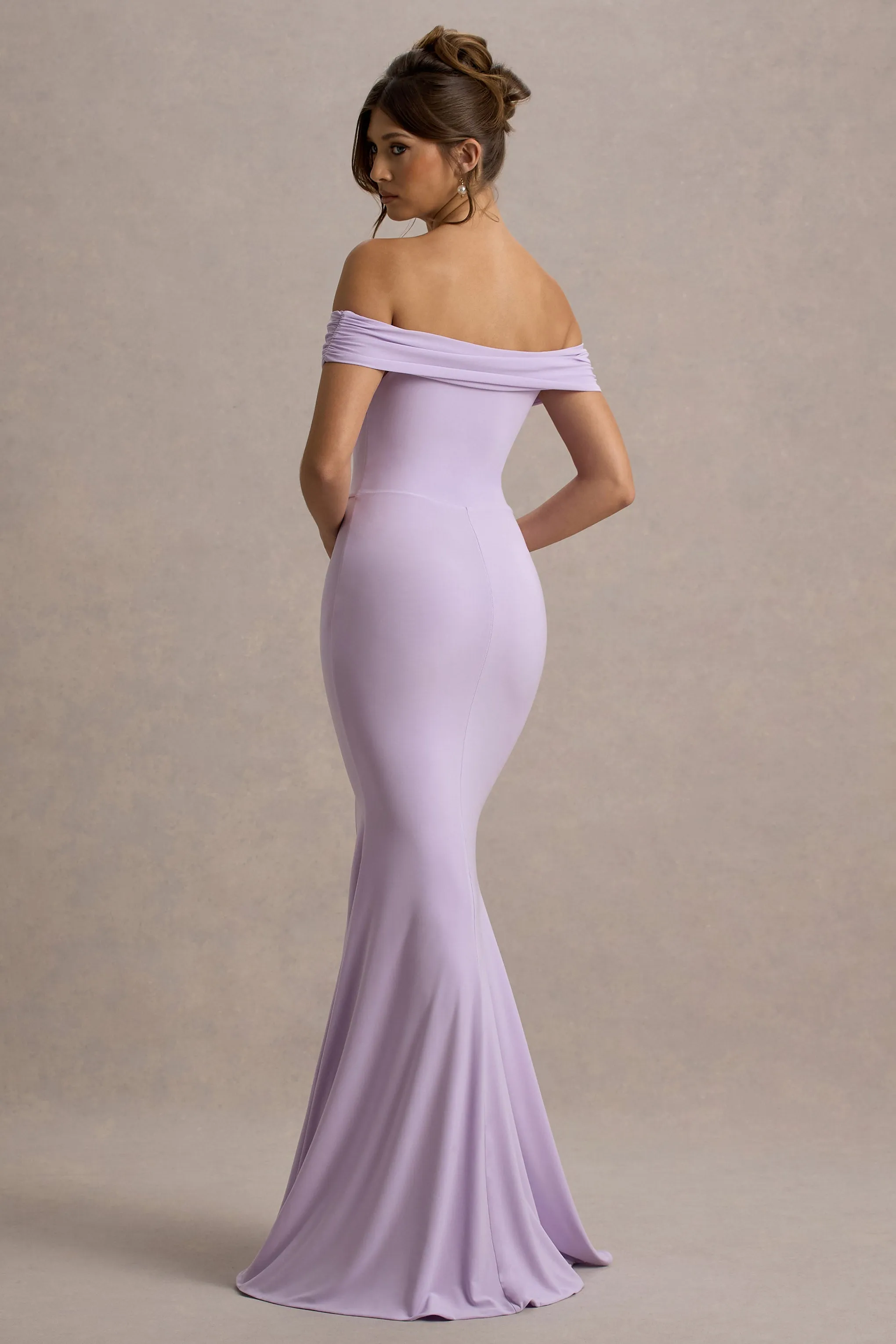Law of Attraction | Lilac Bardot Draped Split Maxi Dress Club L London