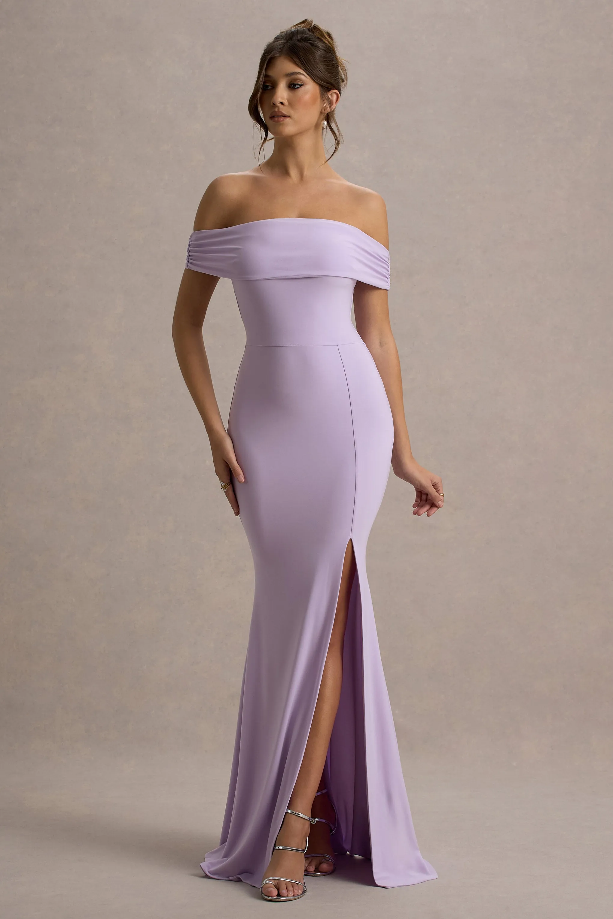 Law of Attraction | Lilac Bardot Draped Split Maxi Dress Club L London