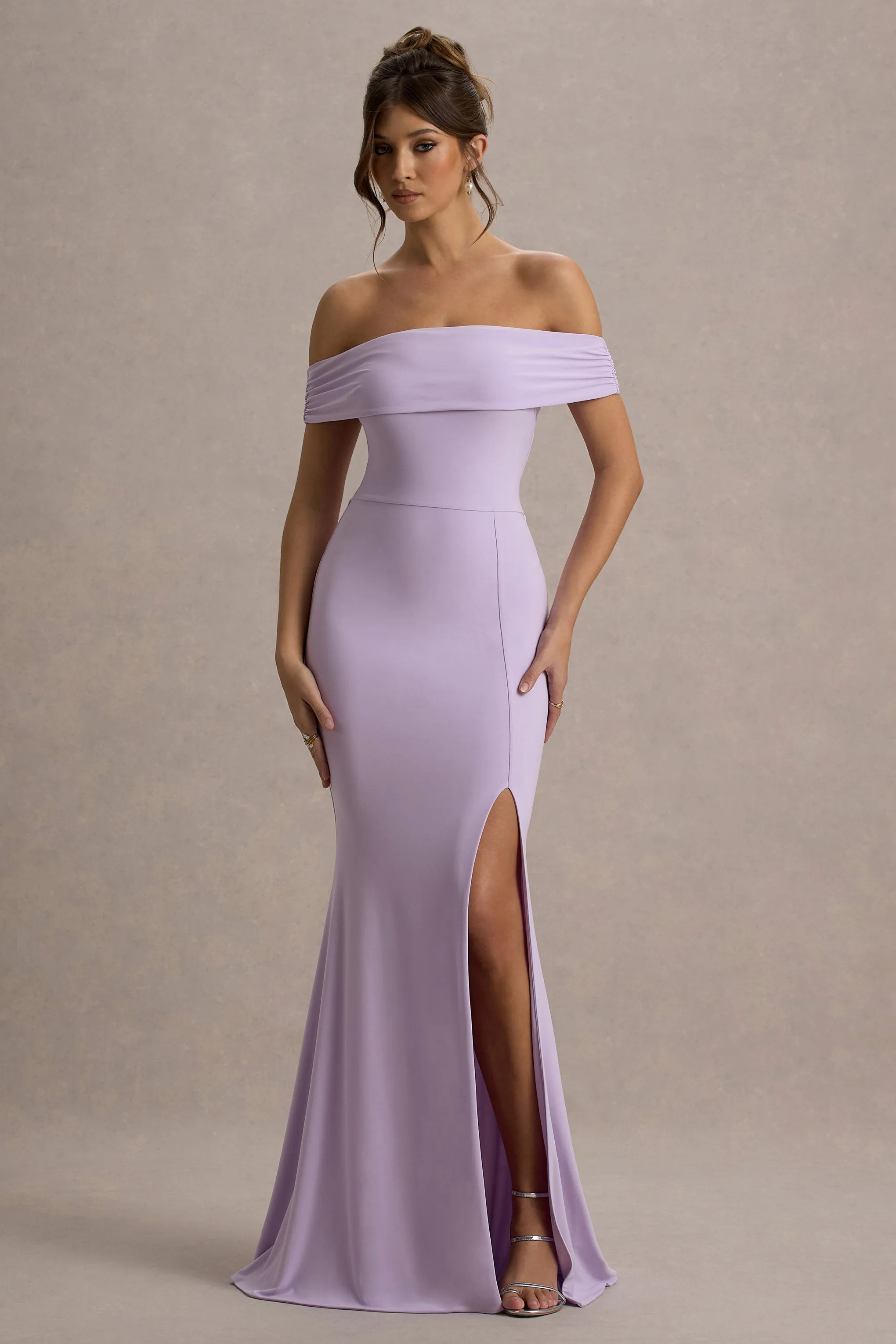 Law of Attraction | Lilac Bardot Draped Split Maxi Dress Club L London