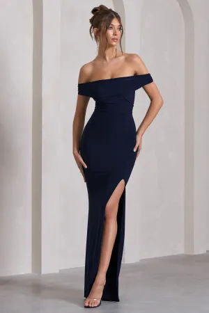 Law of Attraction | Navy Bardot Draped Split Maxi Dress Club L London