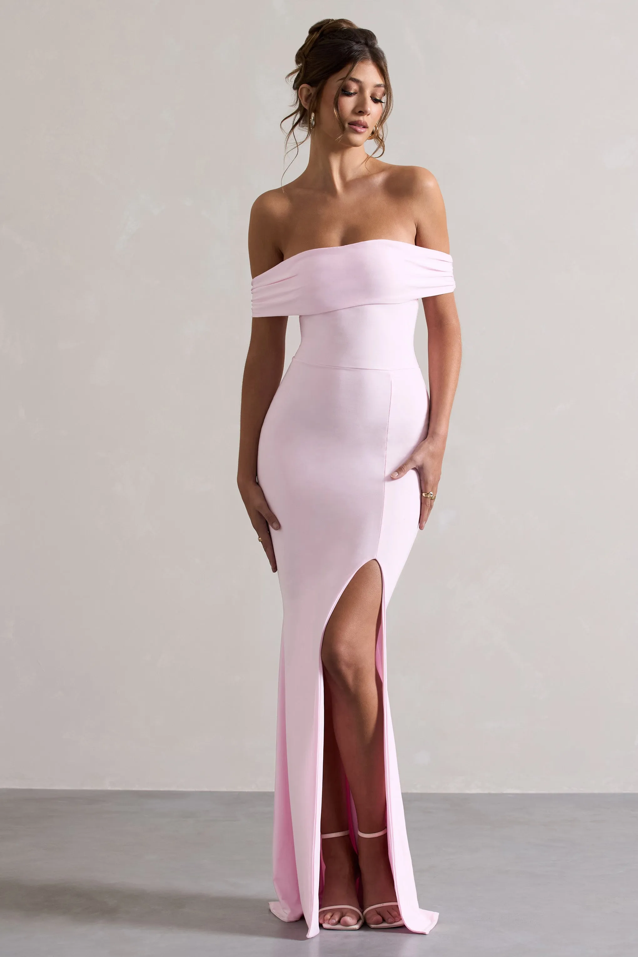 Law of Attraction | Pink Bardot Draped Split Maxi Dress Club L London