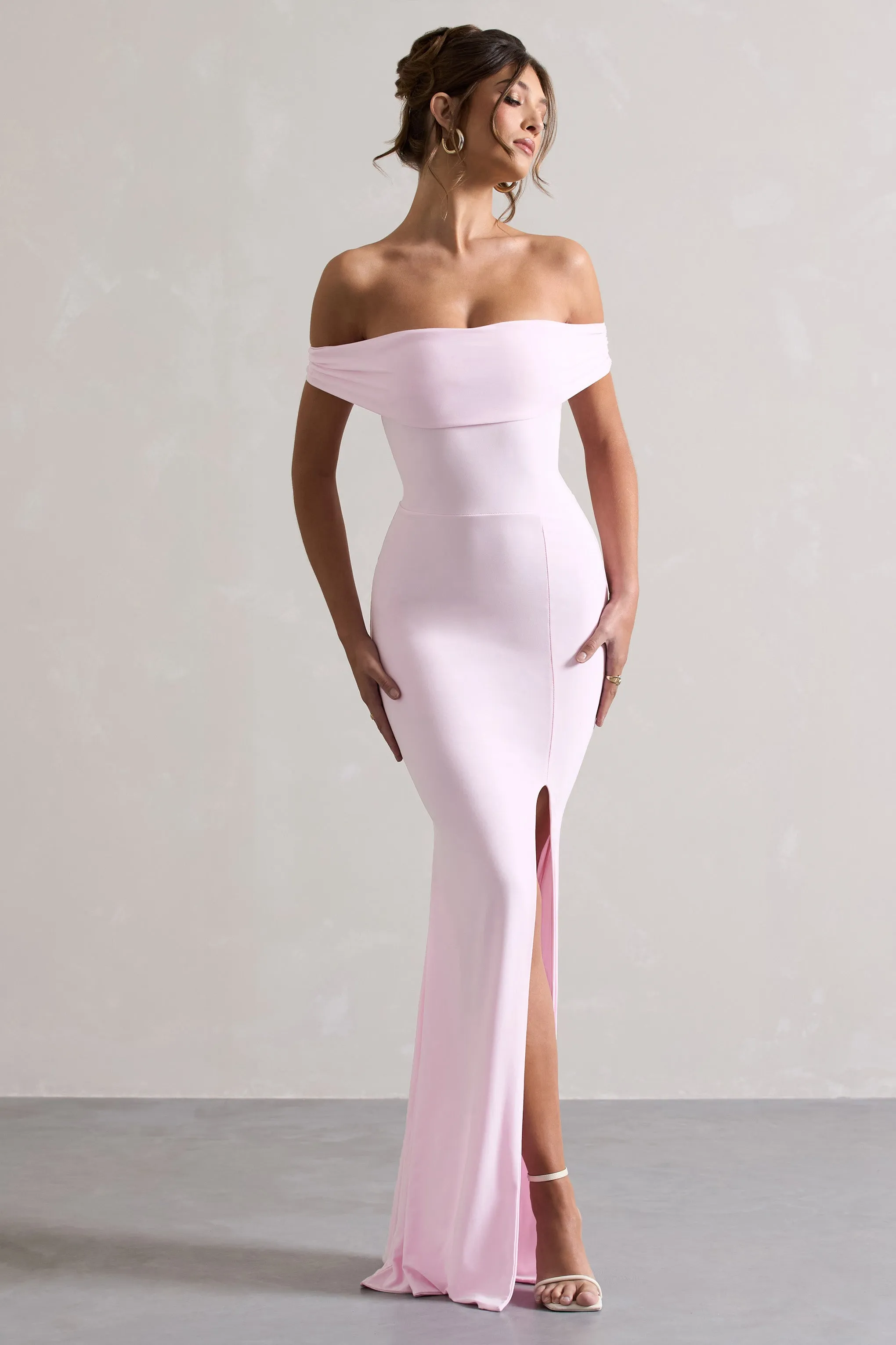 Law of Attraction | Pink Bardot Draped Split Maxi Dress Club L London