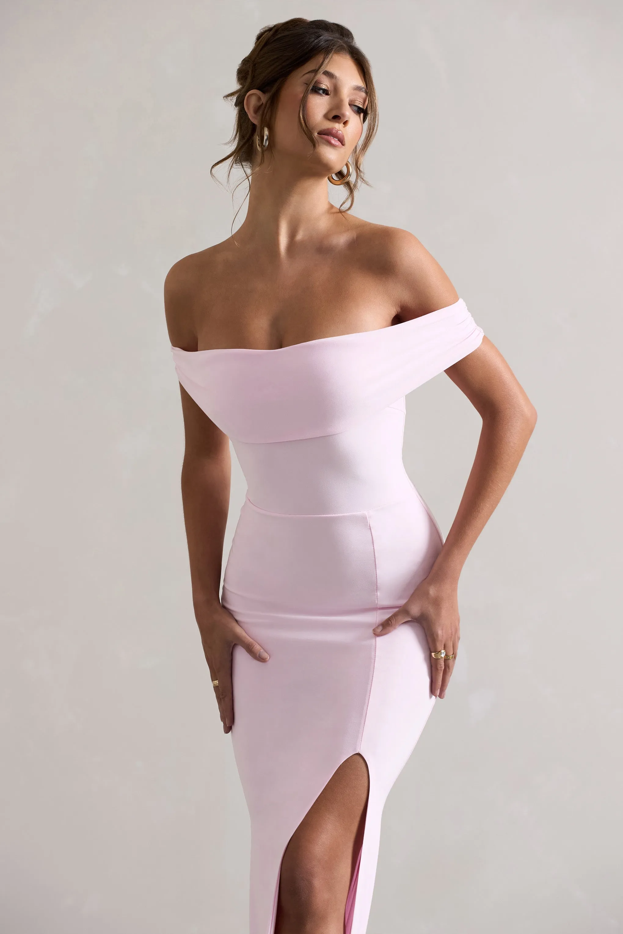Law of Attraction | Pink Bardot Draped Split Maxi Dress Club L London