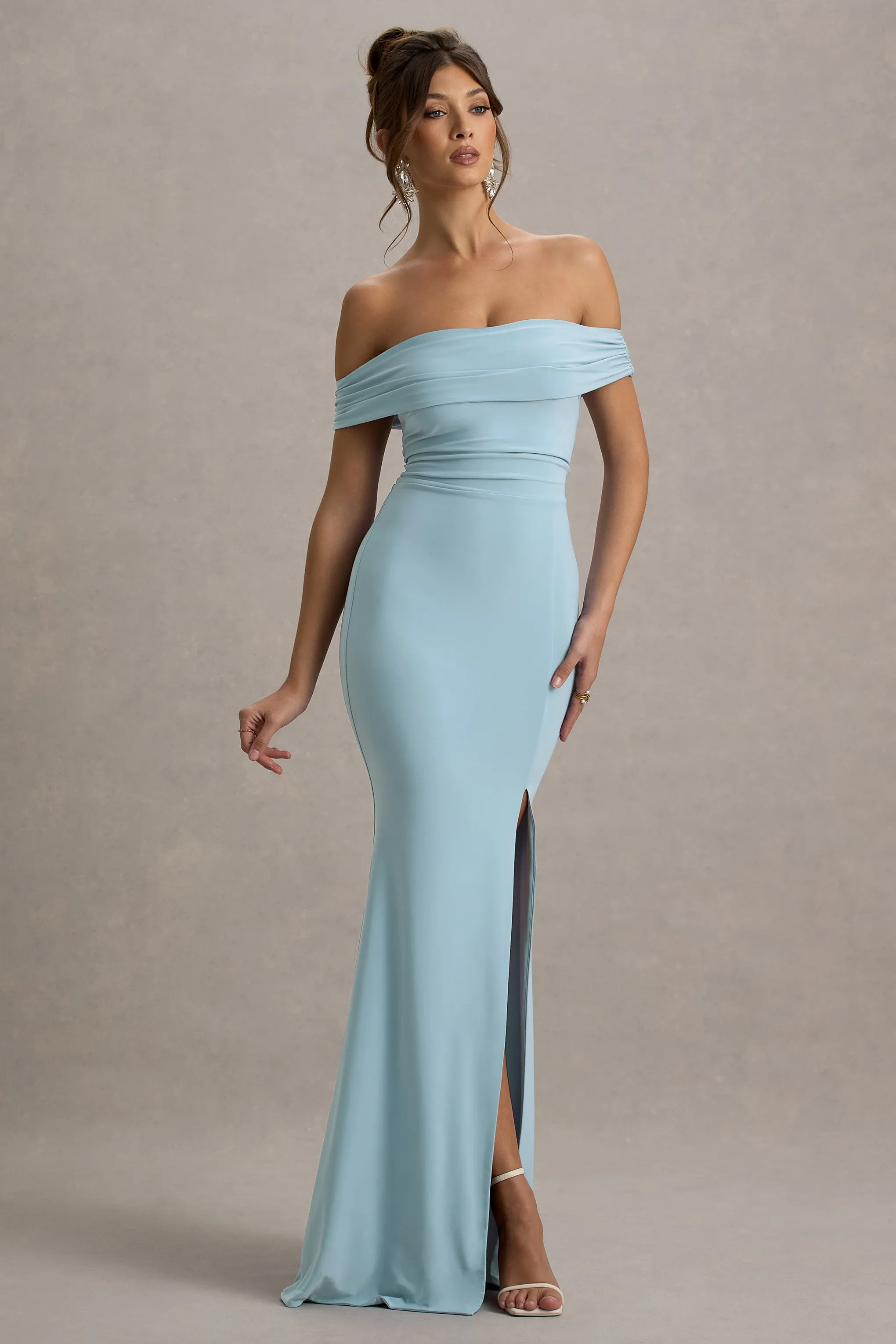 Law of Attraction | Powder Blue Bardot Draped Split Maxi Dress Club L London