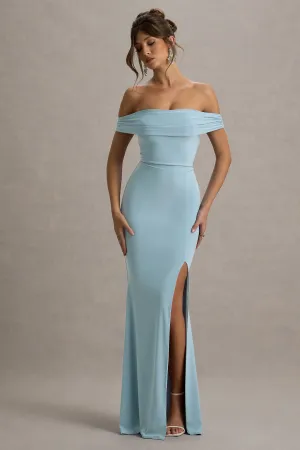 Law of Attraction | Powder Blue Bardot Draped Split Maxi Dress Club L London