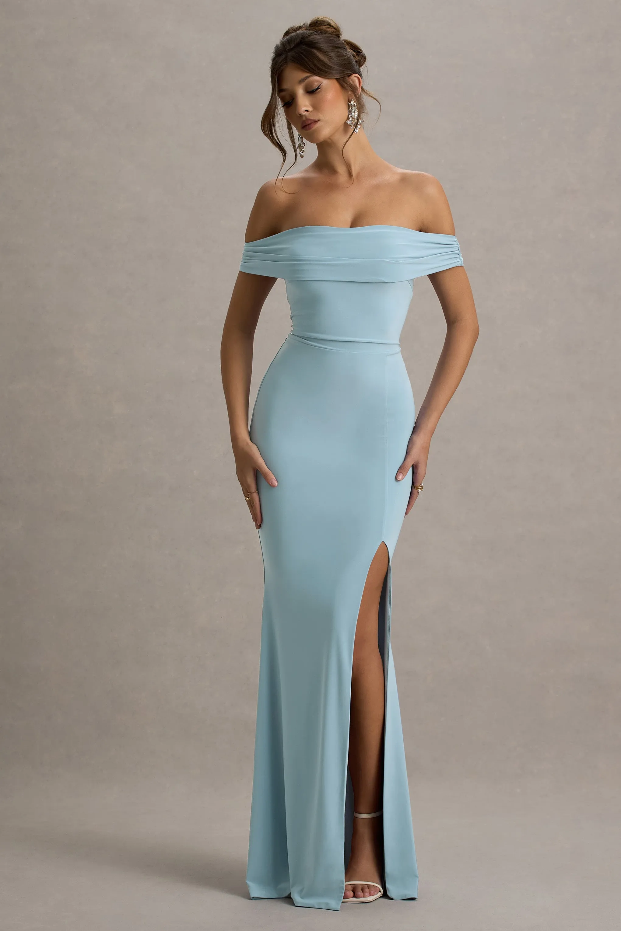 Law of Attraction | Powder Blue Bardot Draped Split Maxi Dress Club L London