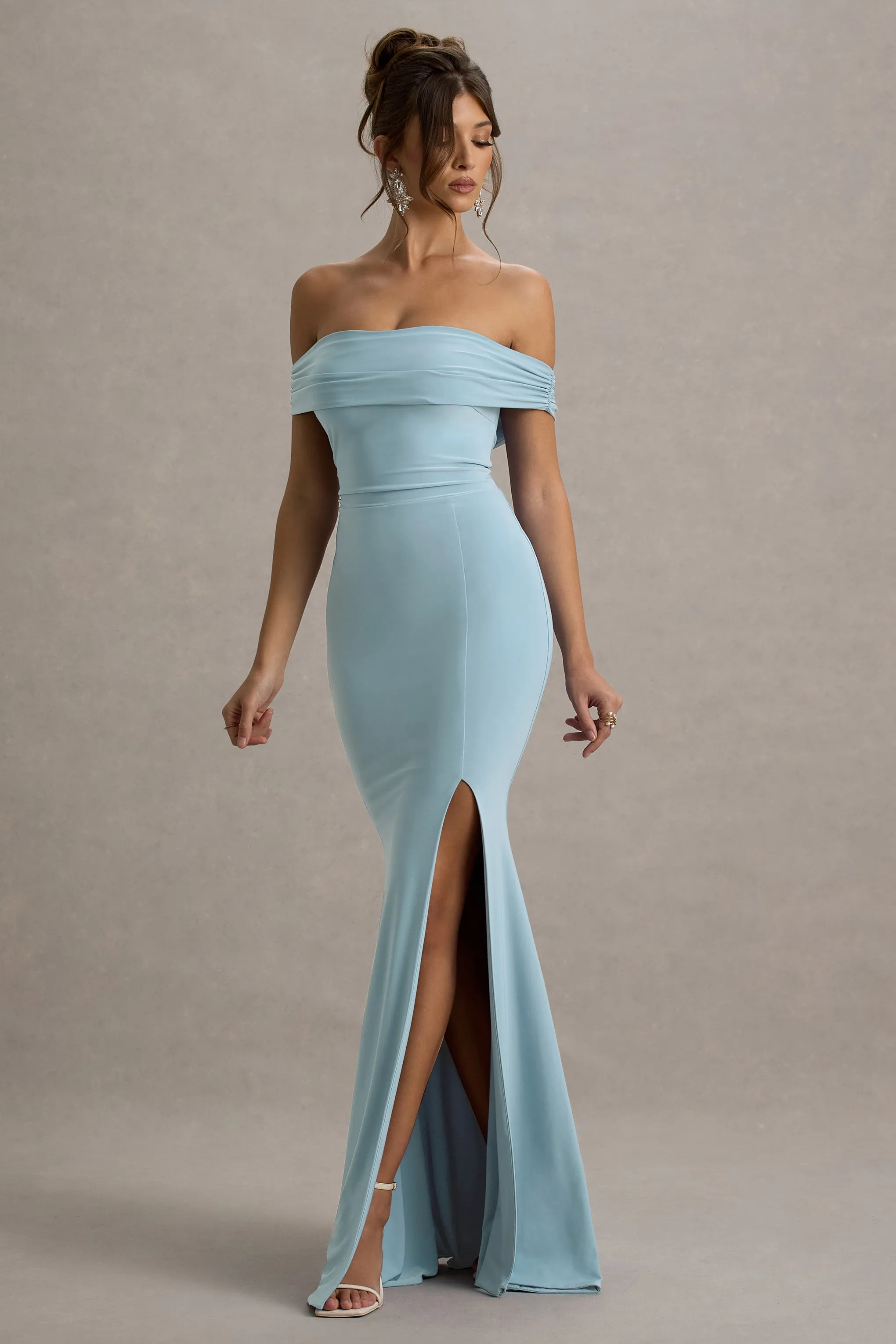 Law of Attraction | Powder Blue Bardot Draped Split Maxi Dress Club L London