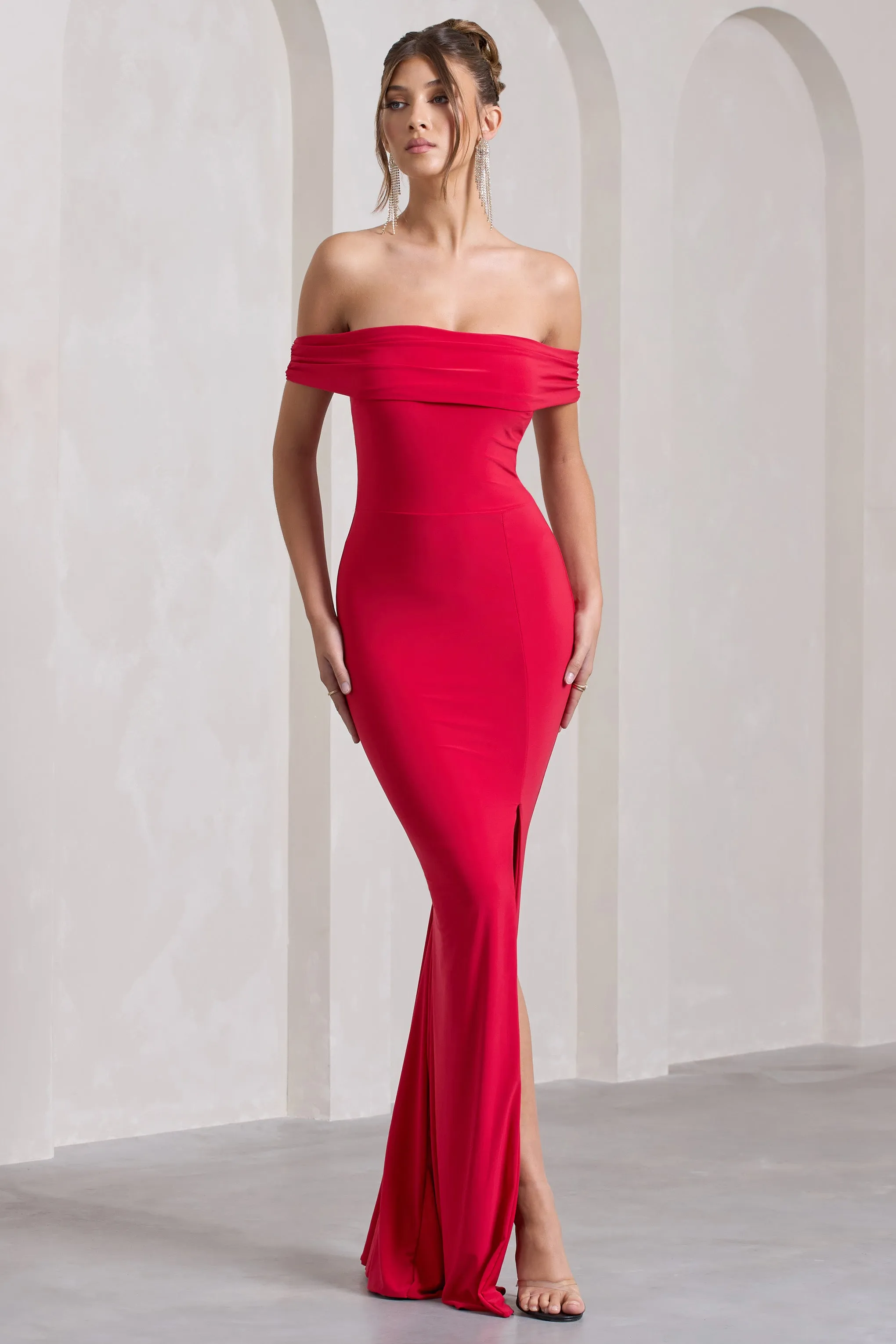 Law of Attraction | Red Bardot Draped Split Maxi Dress Club L London