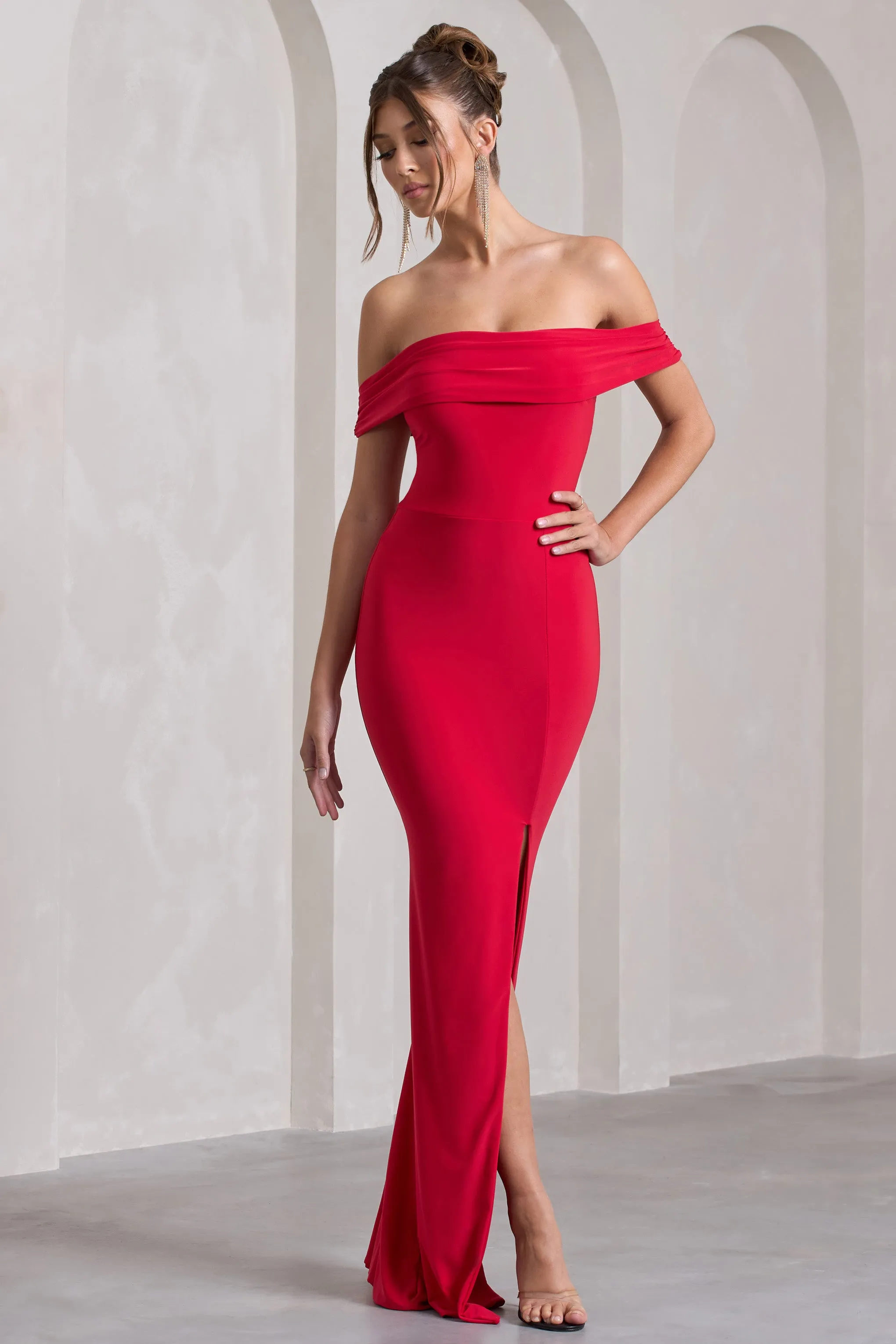 Law of Attraction | Red Bardot Draped Split Maxi Dress Club L London