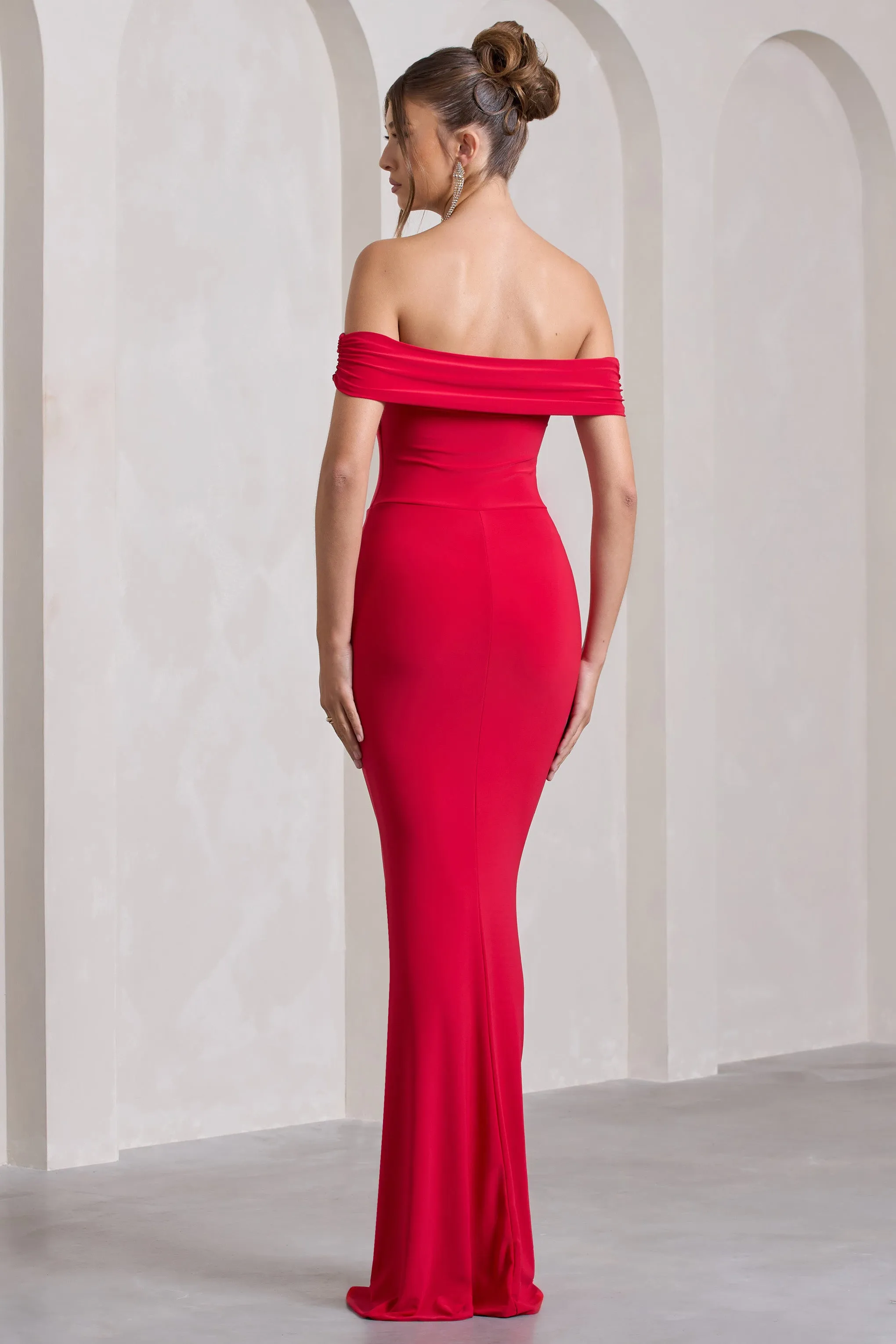 Law of Attraction | Red Bardot Draped Split Maxi Dress Club L London