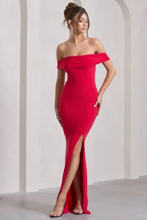 Law of Attraction | Red Bardot Draped Split Maxi Dress Club L London