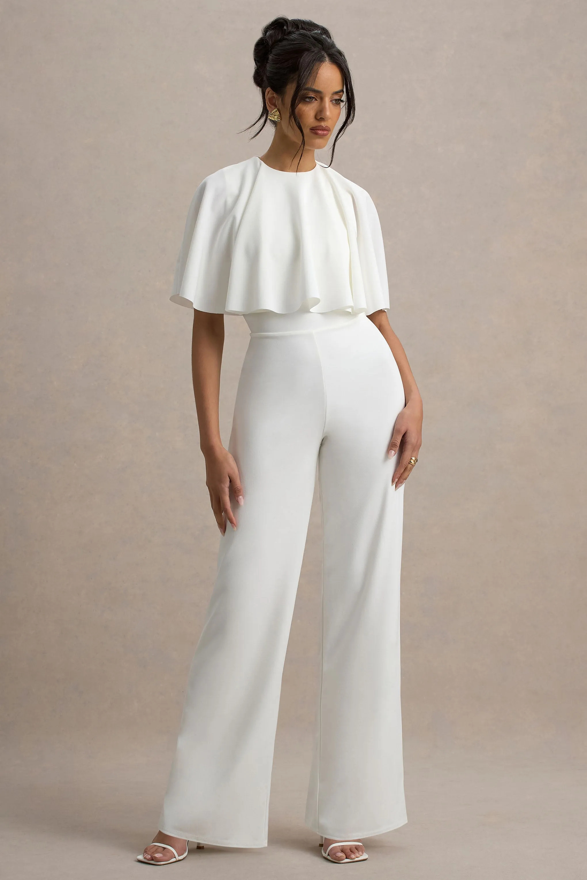 Leanna | White Straight-Leg Jumpsuit With Cape Club L London