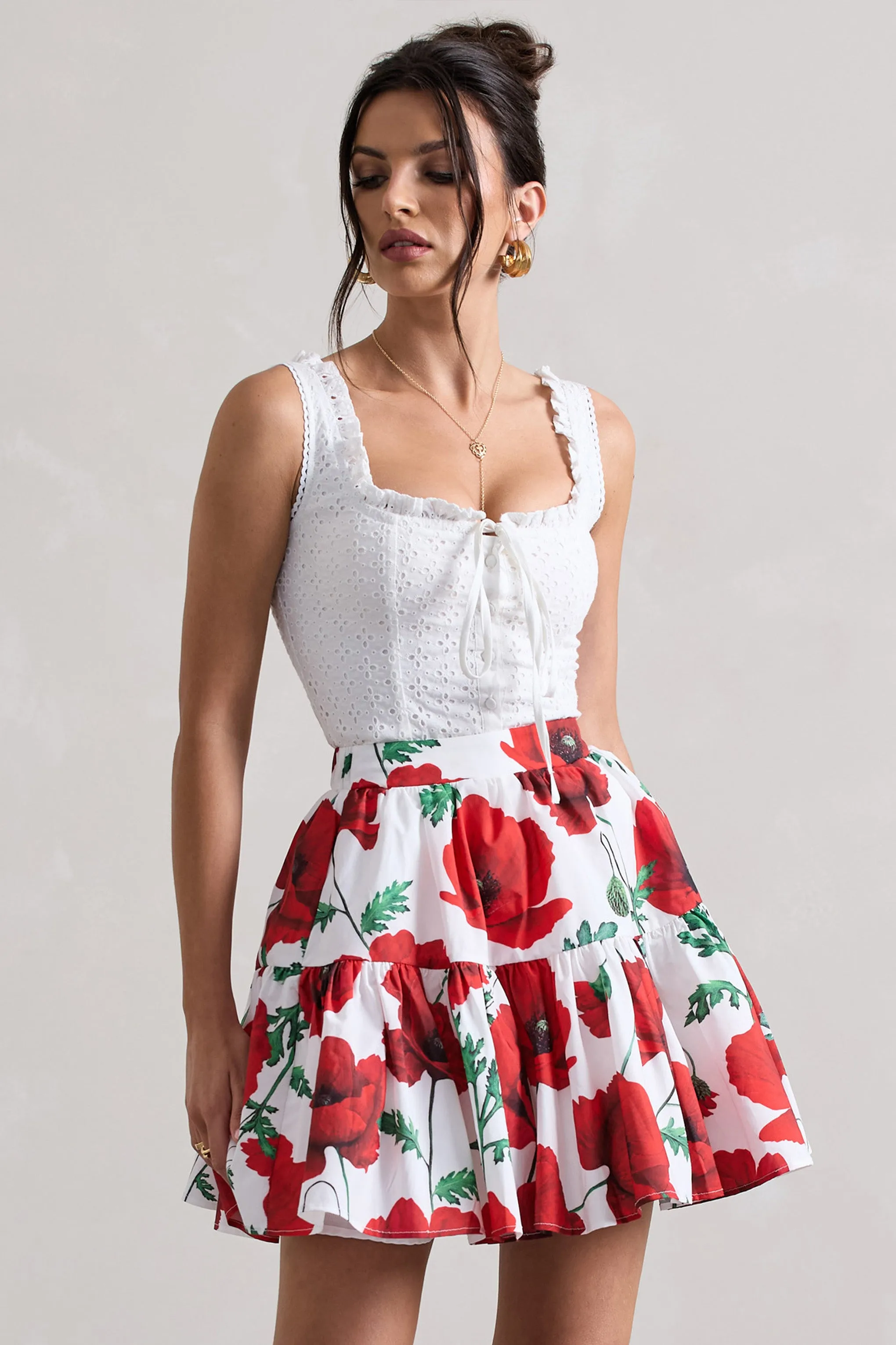 Lecce | White Broderie Buttoned Corset Style Top With Lace Detail Club L London