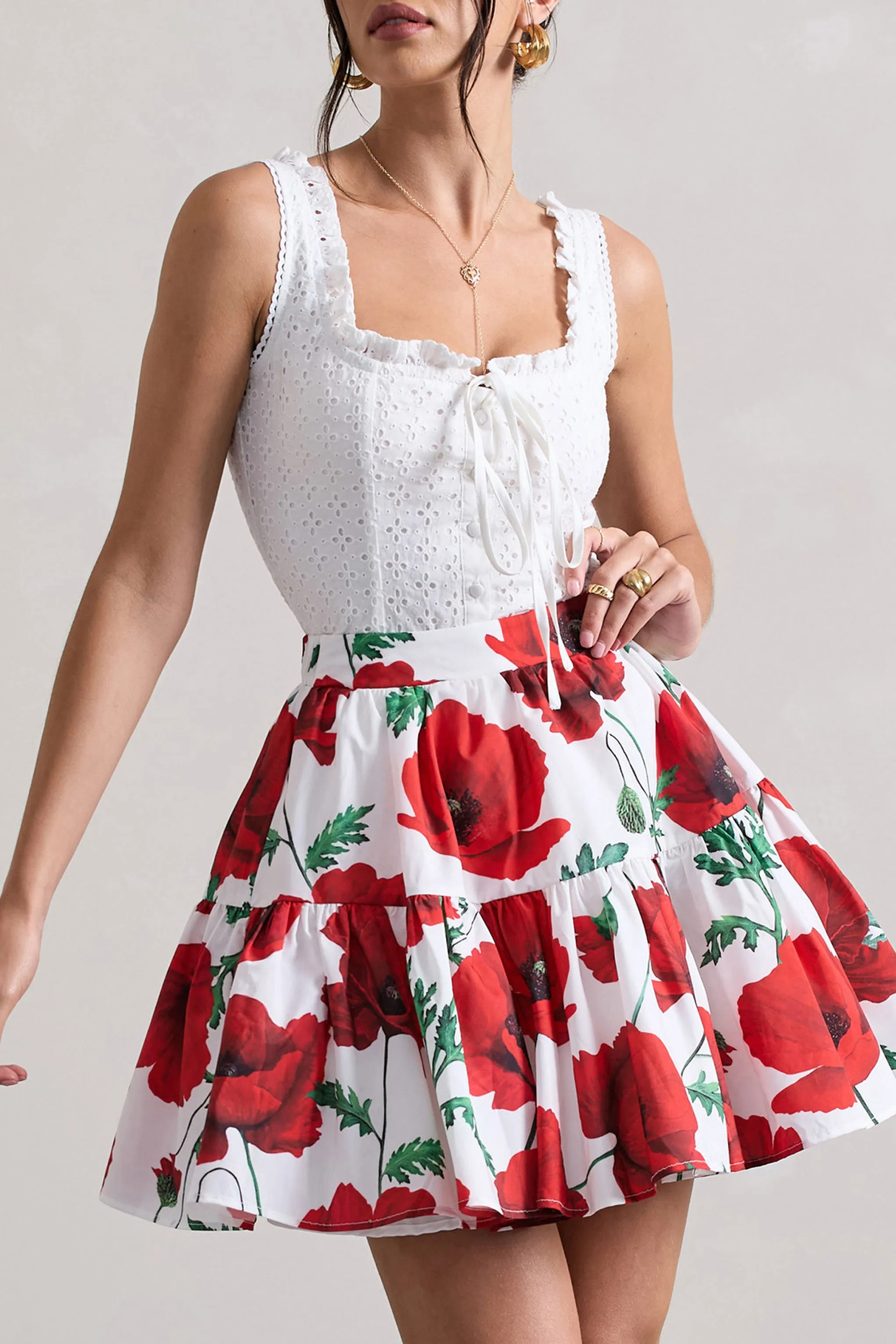 Lecce | White Broderie Buttoned Corset Style Top With Lace Detail Club L London