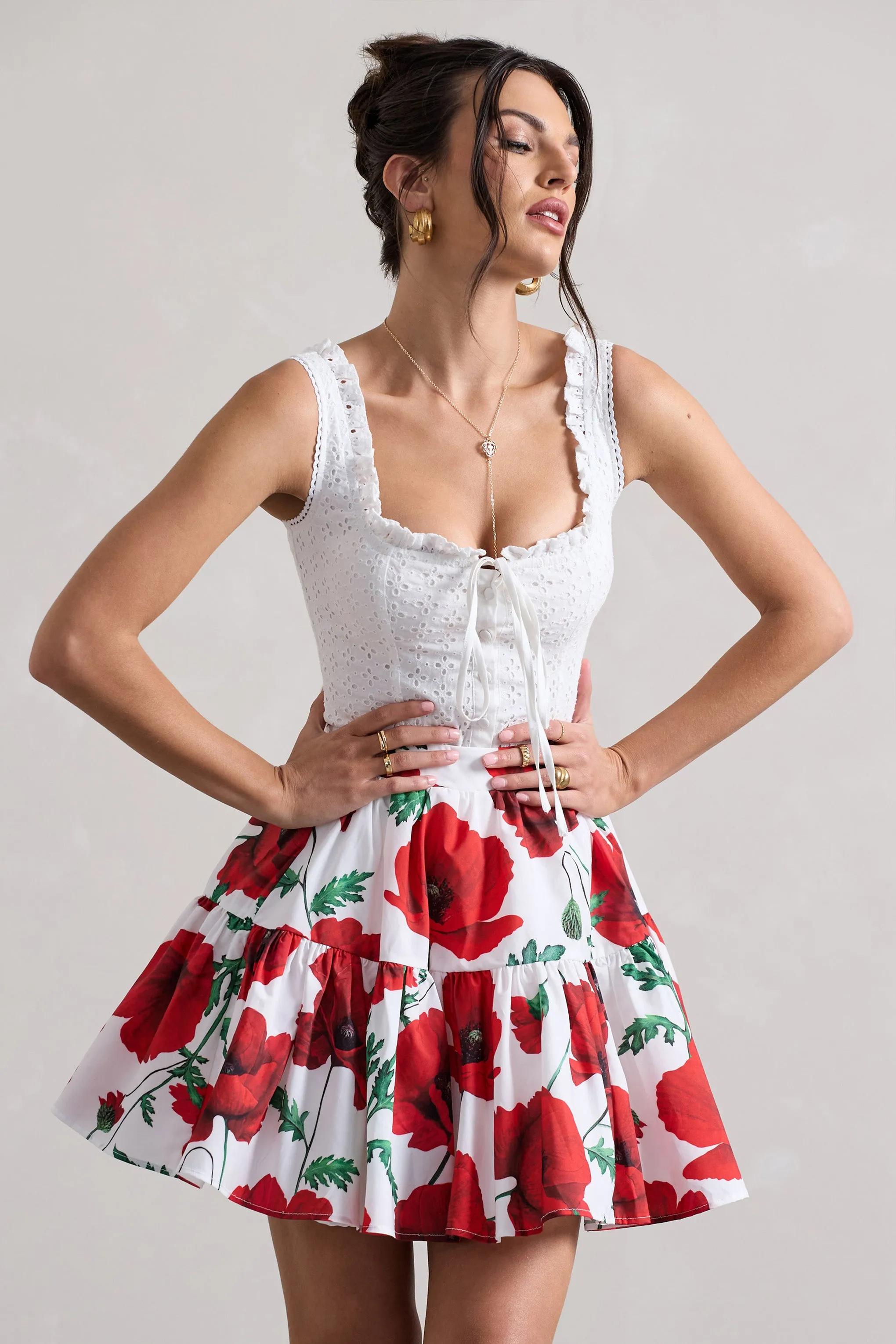 Lecce | White Broderie Buttoned Corset Style Top With Lace Detail Club L London