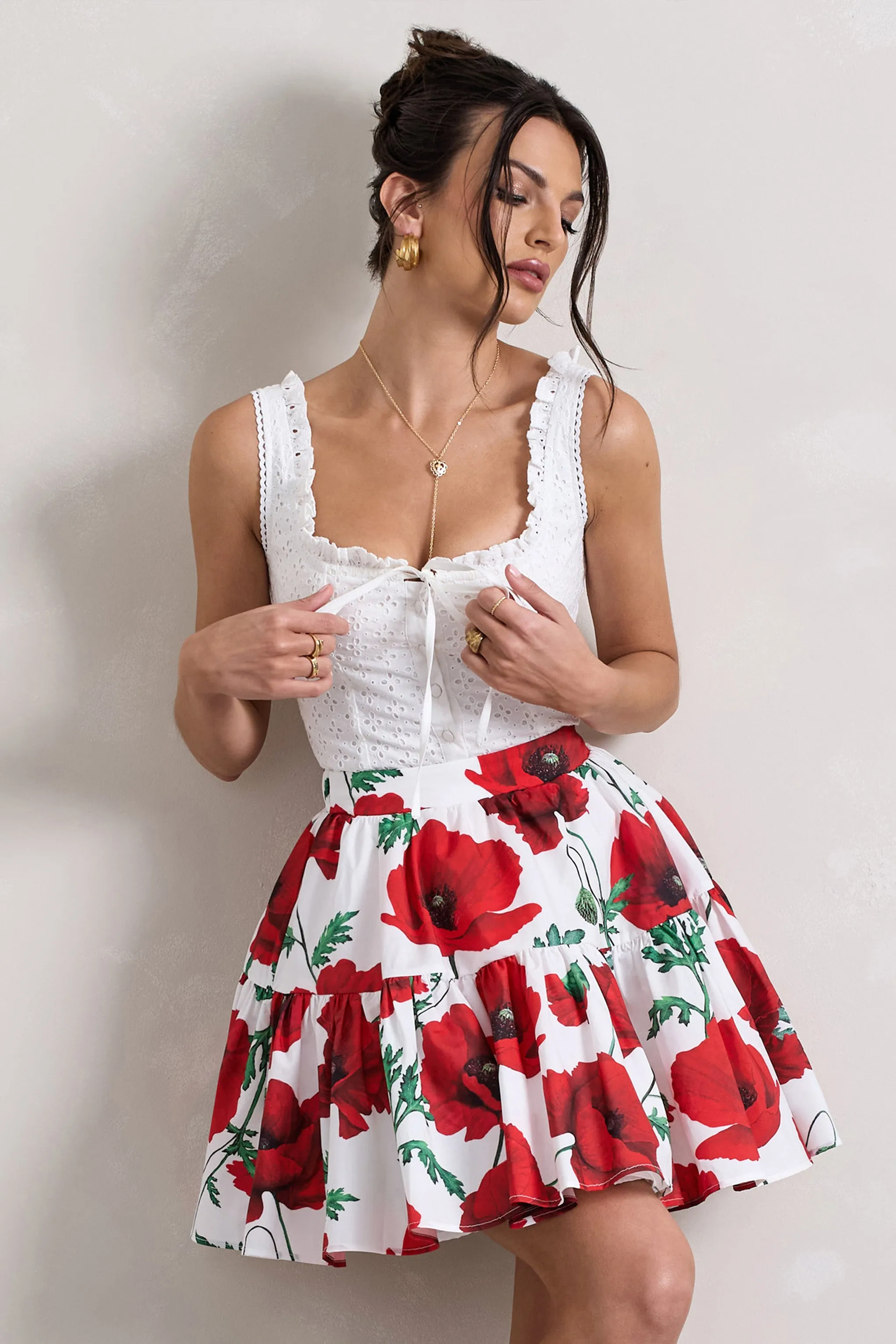 Lecce | White Broderie Buttoned Corset Style Top With Lace Detail Club L London