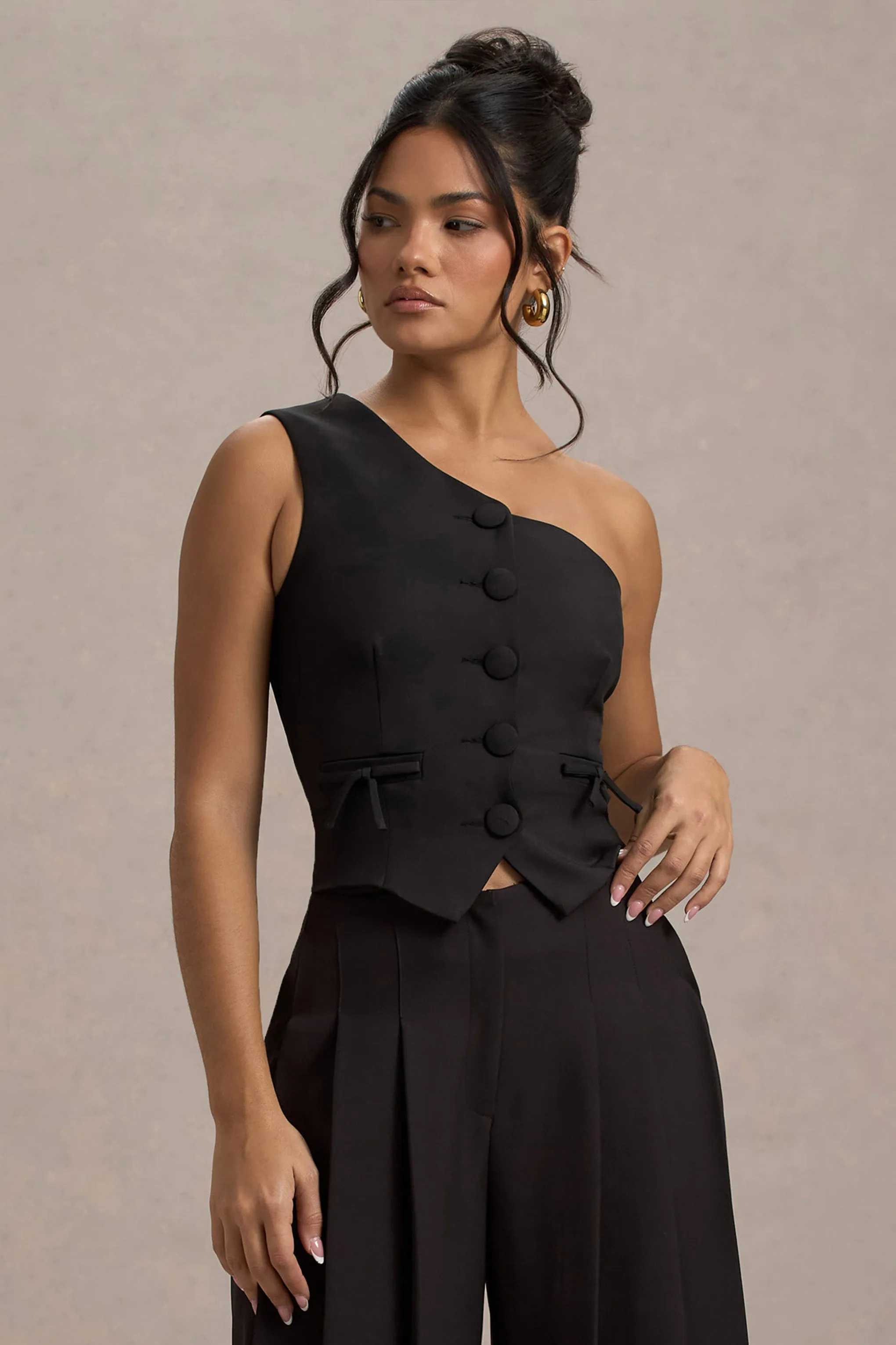 Lelia | Black One Shoulder Tailored Top With Bows Club L London