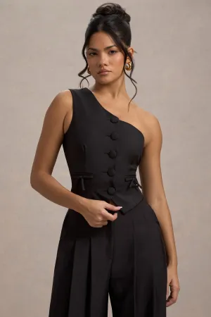 Lelia | Black One Shoulder Tailored Top With Bows Club L London