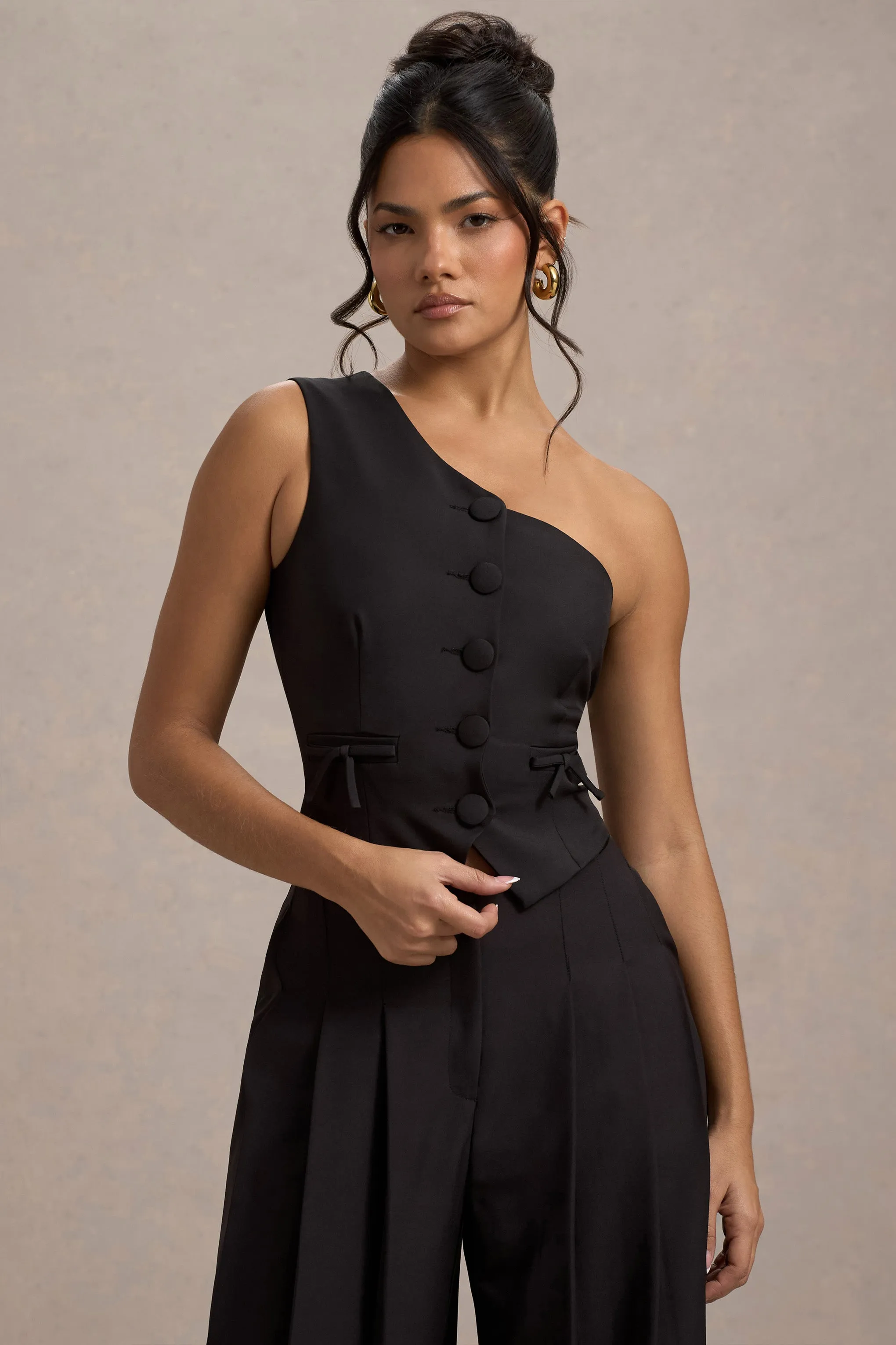 Lelia | Black One Shoulder Tailored Top With Bows Club L London