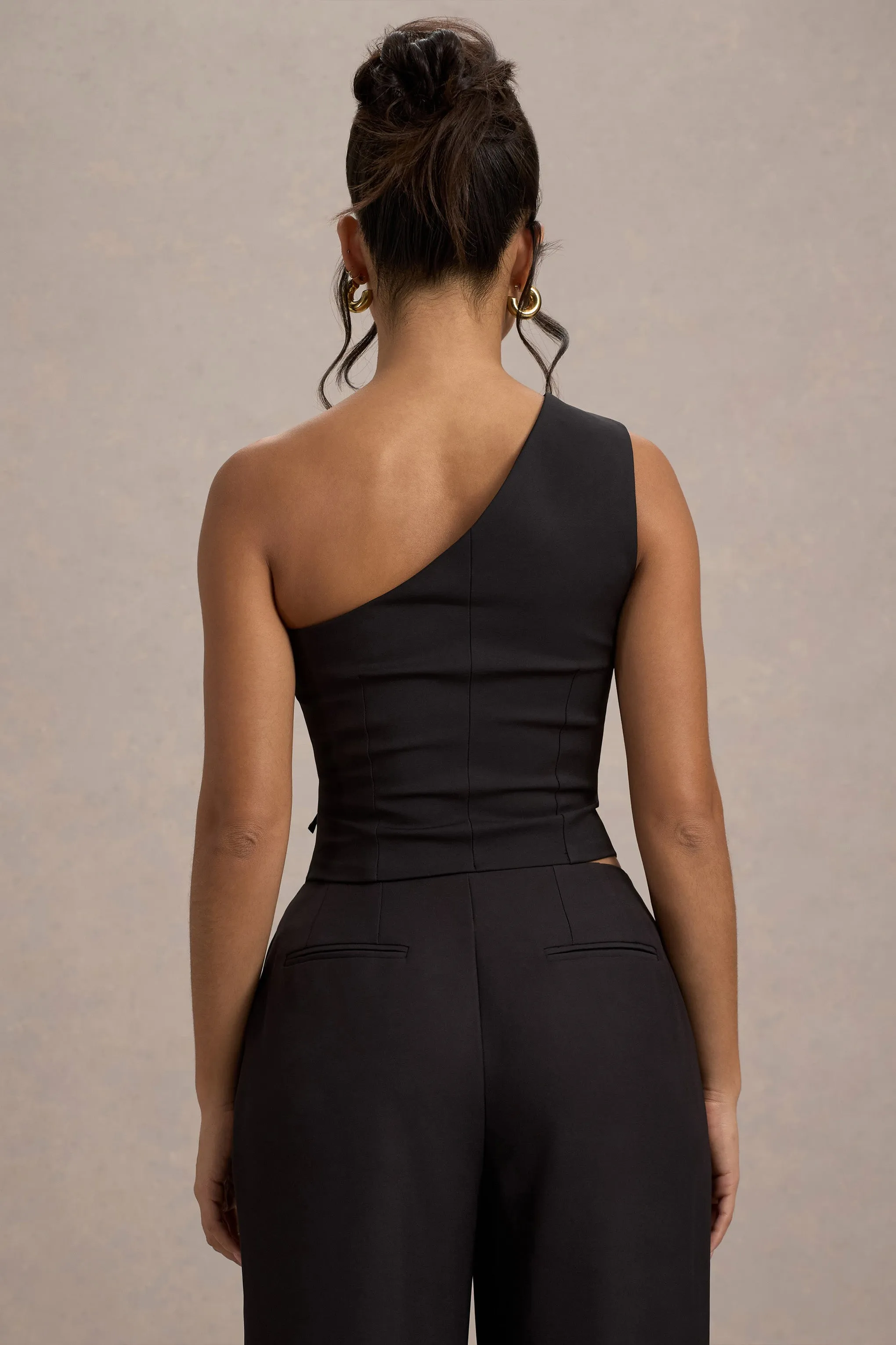 Lelia | Black One Shoulder Tailored Top With Bows Club L London