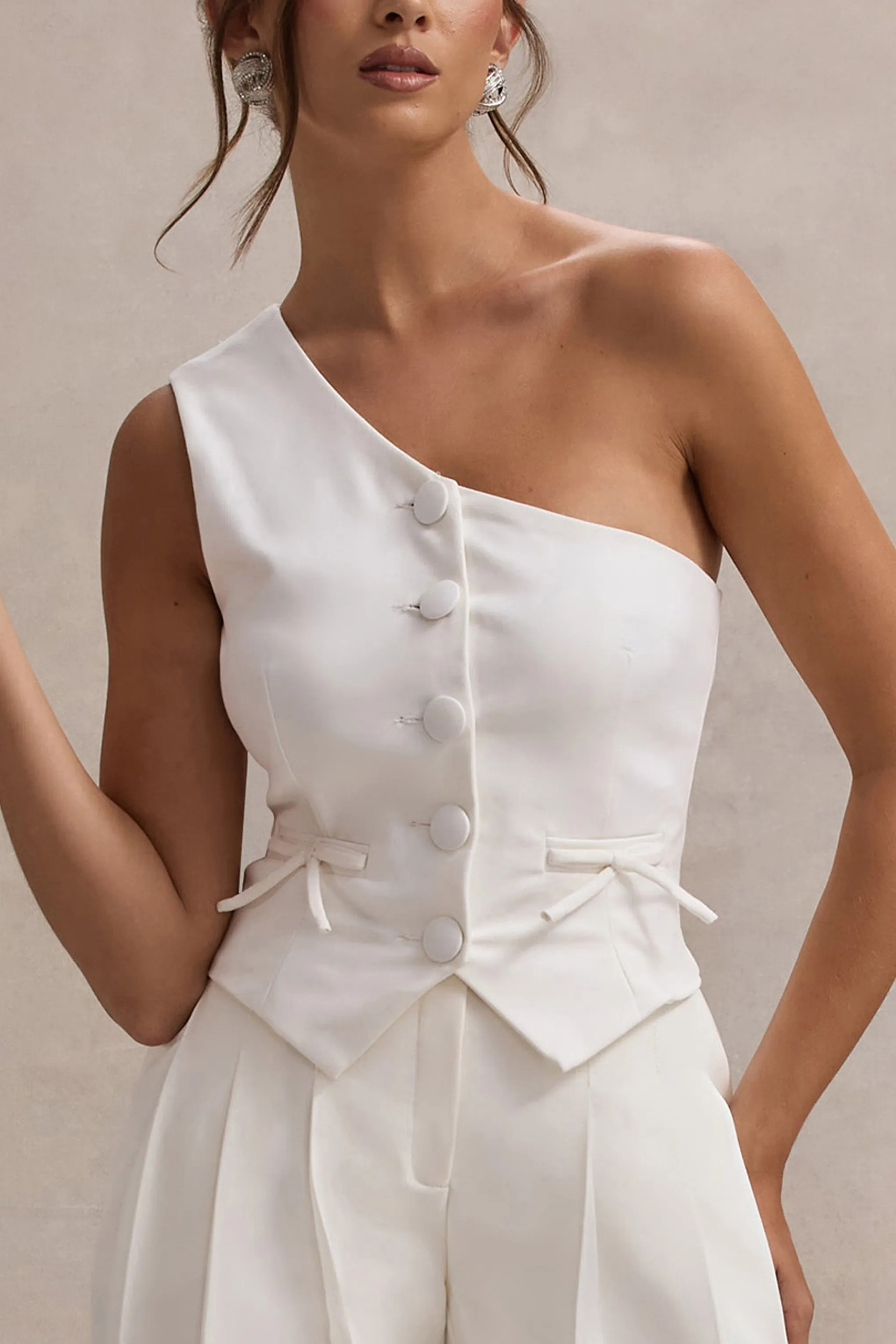 Lelia | Cream One Shoulder Tailored Top With Bows Club L London