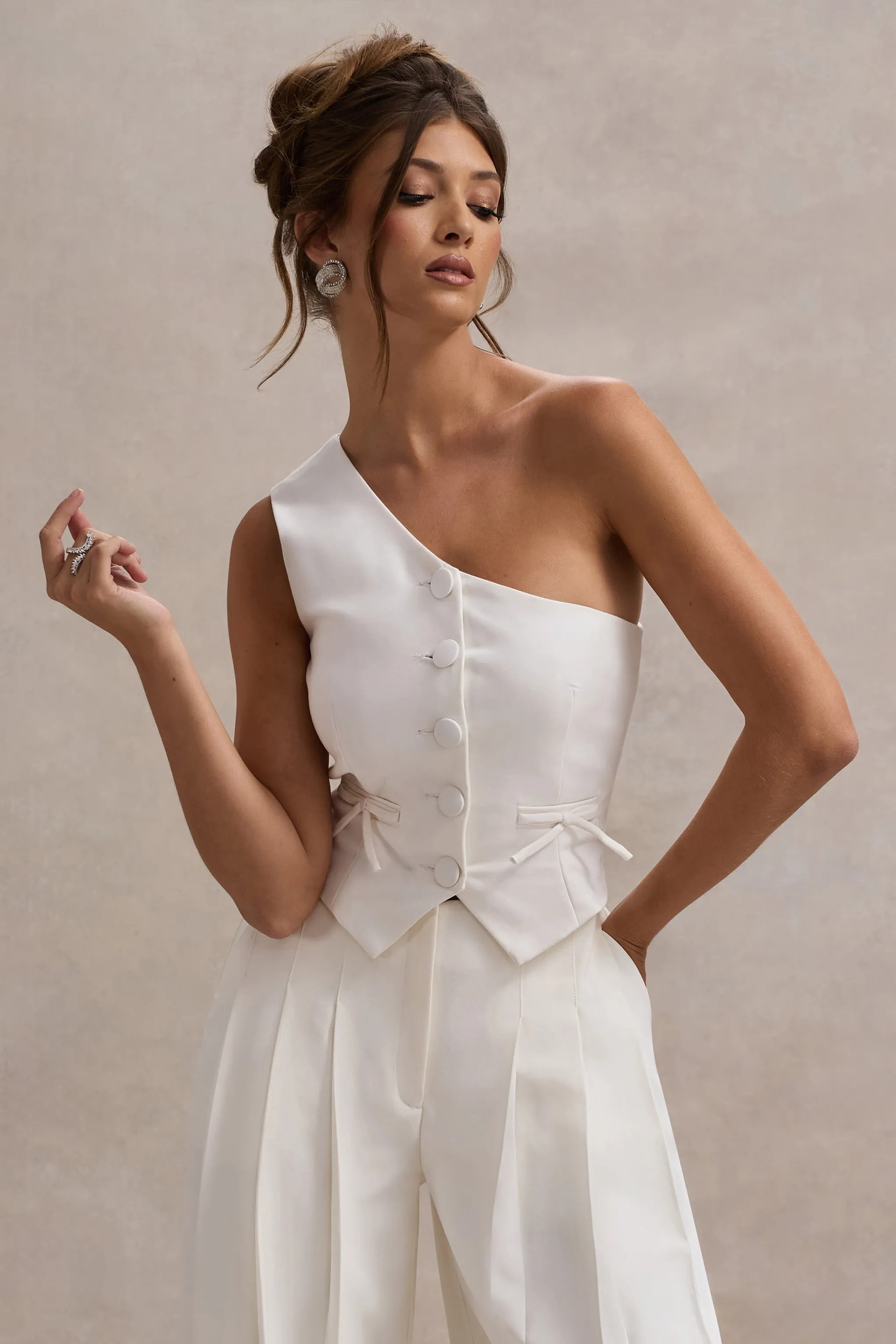 Lelia | Cream One Shoulder Tailored Top With Bows Club L London