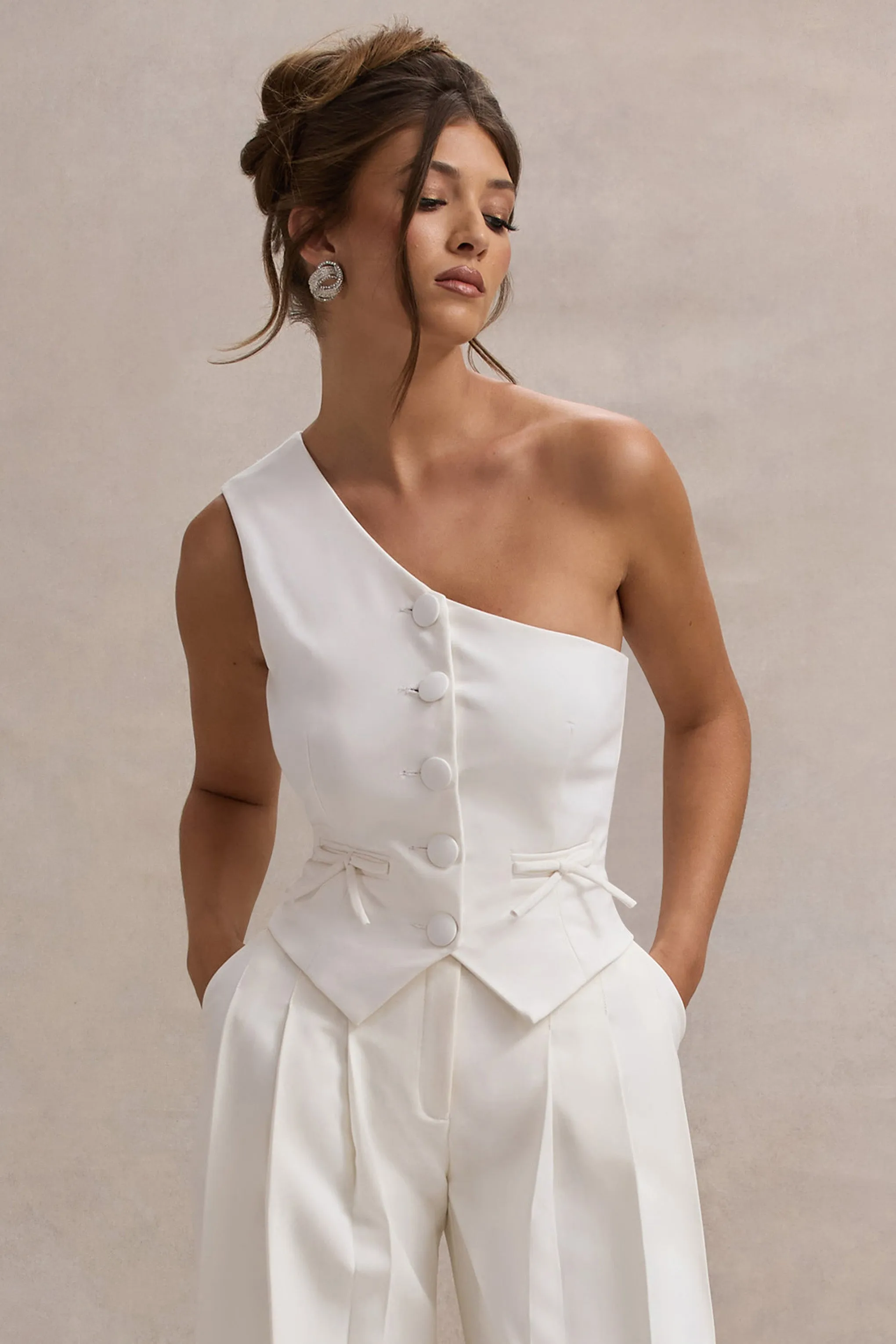 Lelia | Cream One Shoulder Tailored Top With Bows Club L London