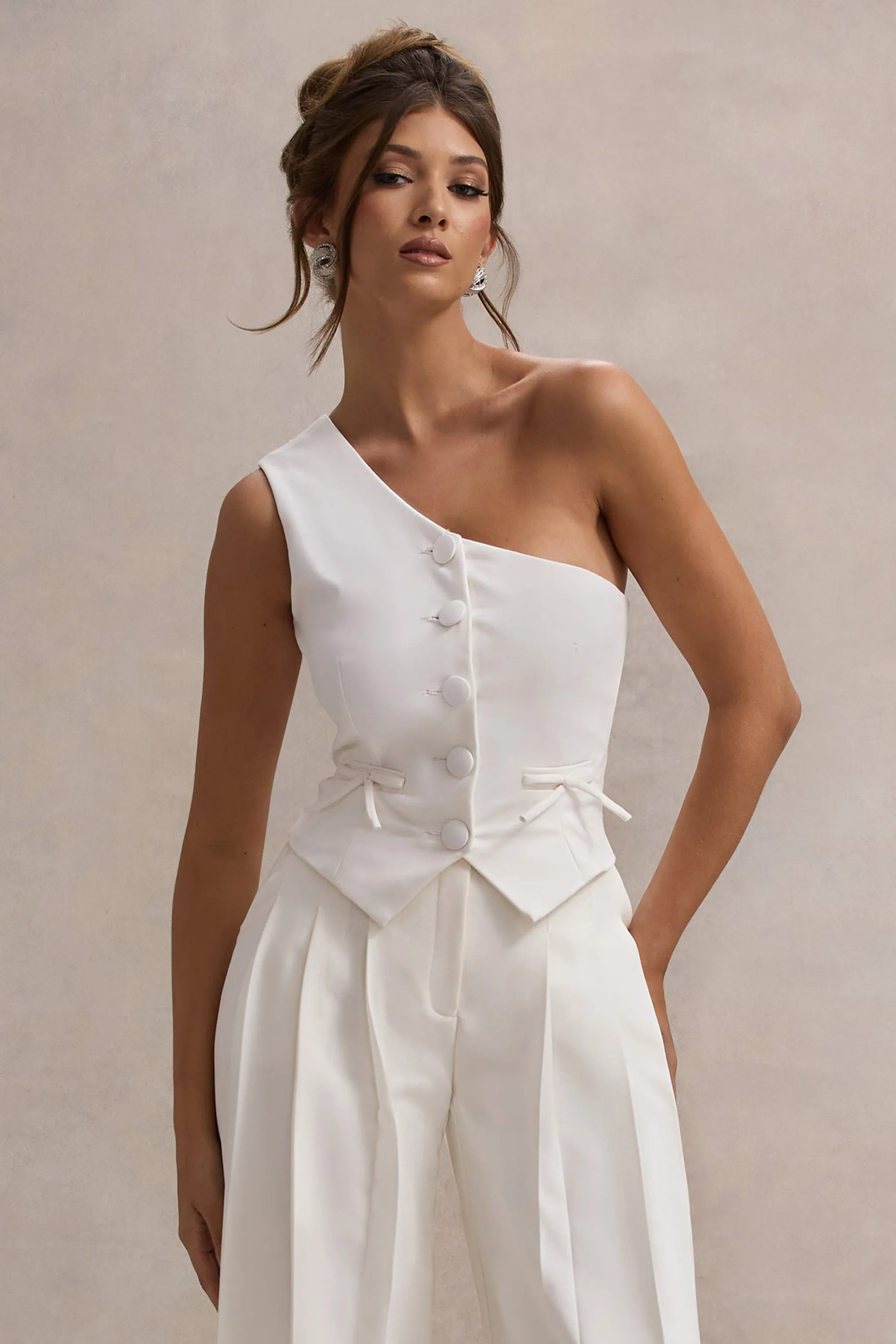 Lelia | Cream One Shoulder Tailored Top With Bows Club L London