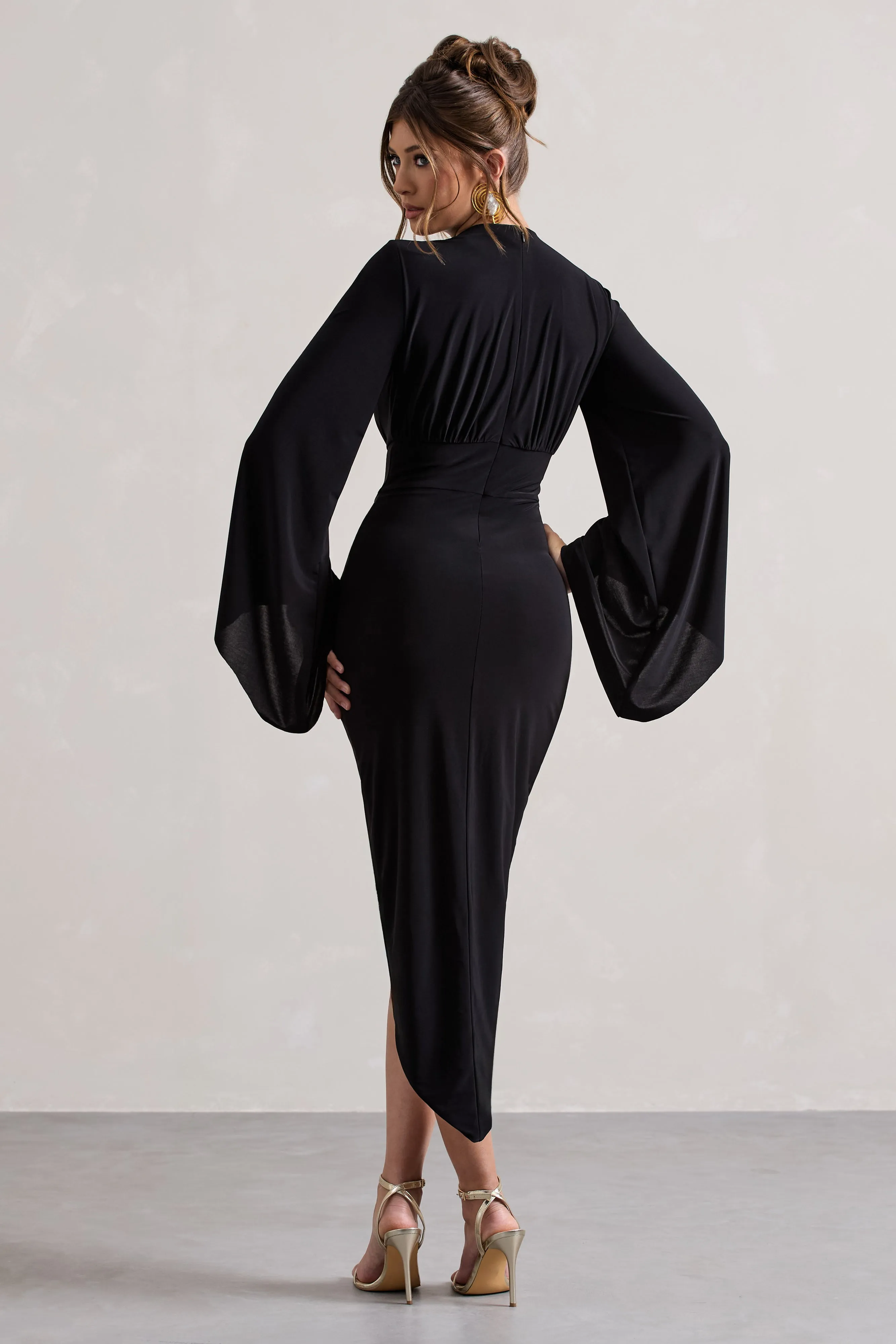 Lennox | Black Drape-Sleeve Gathered Midi Dress Club L London