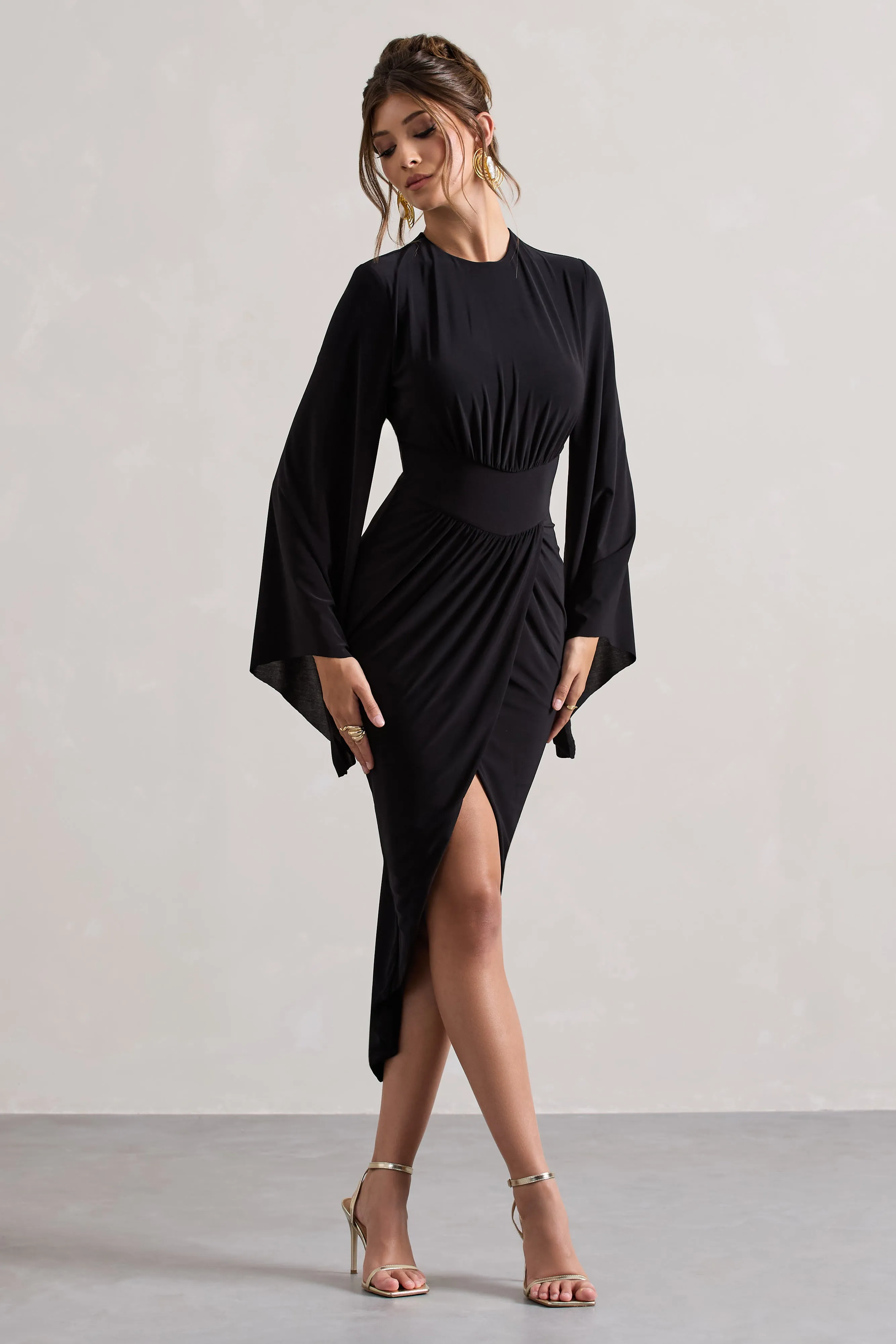 Lennox | Black Drape-Sleeve Gathered Midi Dress Club L London