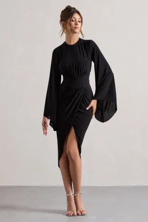 Lennox | Black Drape-Sleeve Gathered Midi Dress Club L London